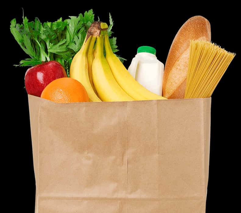 groceries 桌布 壁紙 — 一個棕色紙袋裝滿新鮮農產品、牛奶、麵包和義大利麵，在純黑背景下溢出。