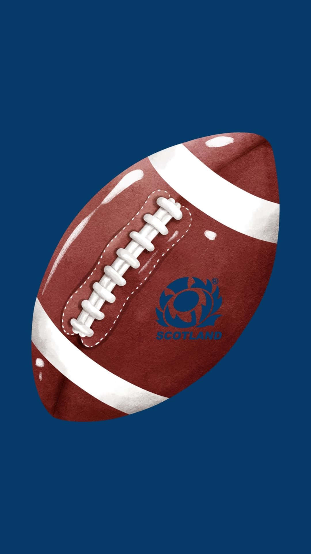 Scotland Rugby 桌布 壁紙 — 一個棕色蘇格蘭橄欖球的詳細插圖，帶有白色鞋帶和藍色徽章，背景為純海軍藍。