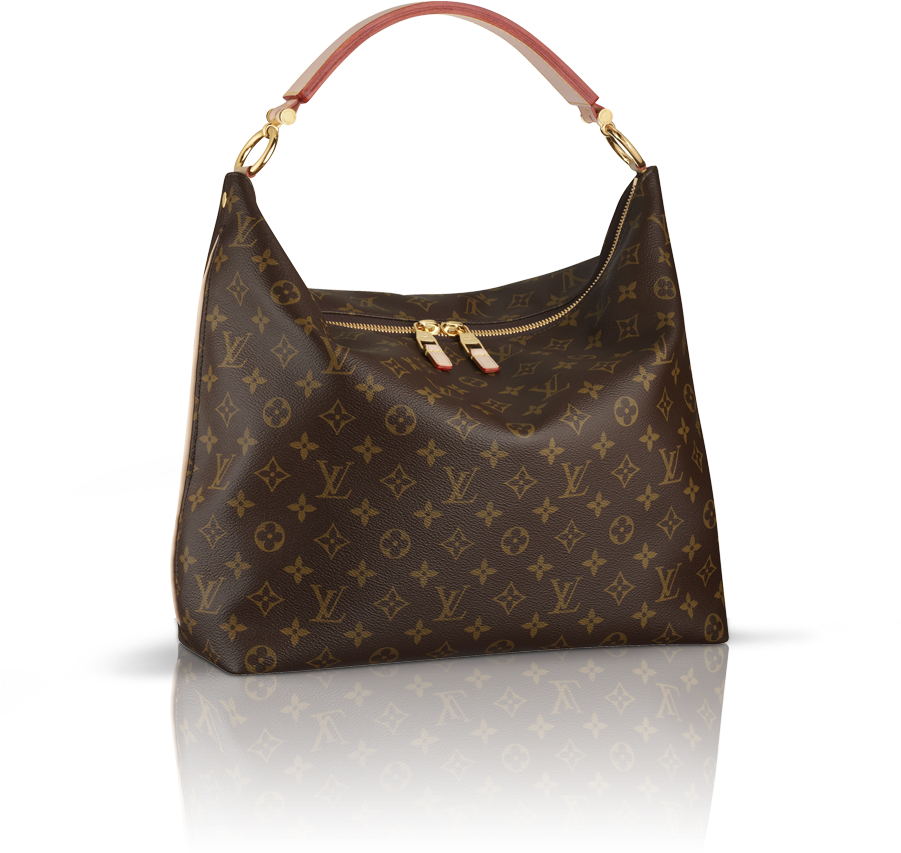Bag 桌布 壁紙 — 一個棕色路易威登字母組合手提包，配有金色金屬配件和紅色皮革手柄，放置在黑色背景前的反光表面上。