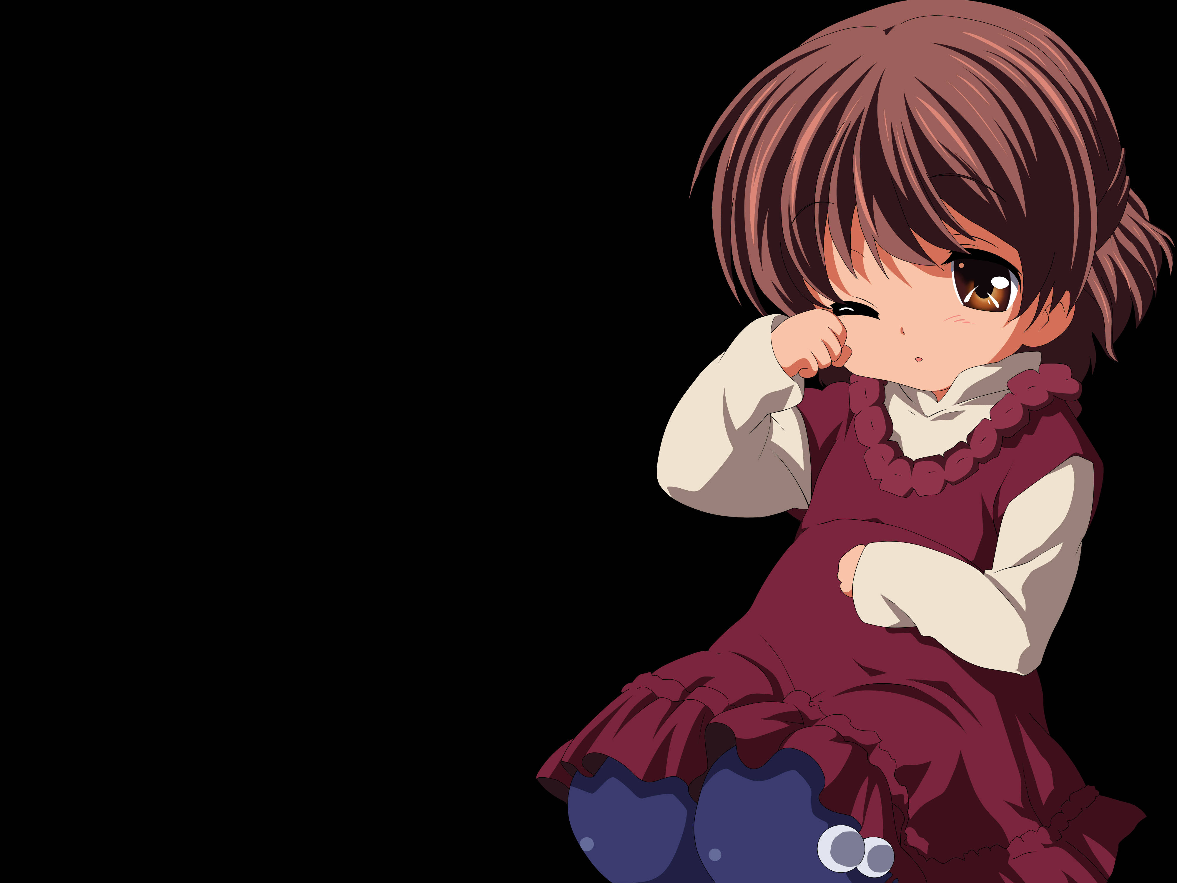 Clannad 桌布 壁紙 — 一個棕色頭髮、大眼睛的Q版動漫女孩坐在黑色背景前，用手頑皮地遮住一隻眼睛。