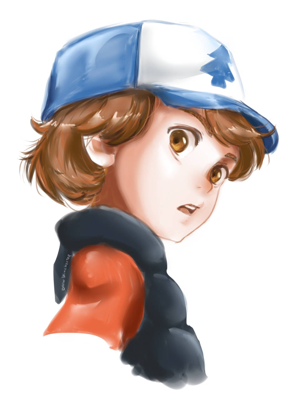 dipper pines 桌布 壁紙 — 一個棕色頭髮、大眼睛的年輕男孩，戴著一頂帶有樹木標誌的藍白帽子，並在橙色襯衫外穿了一件深色連帽衫。
