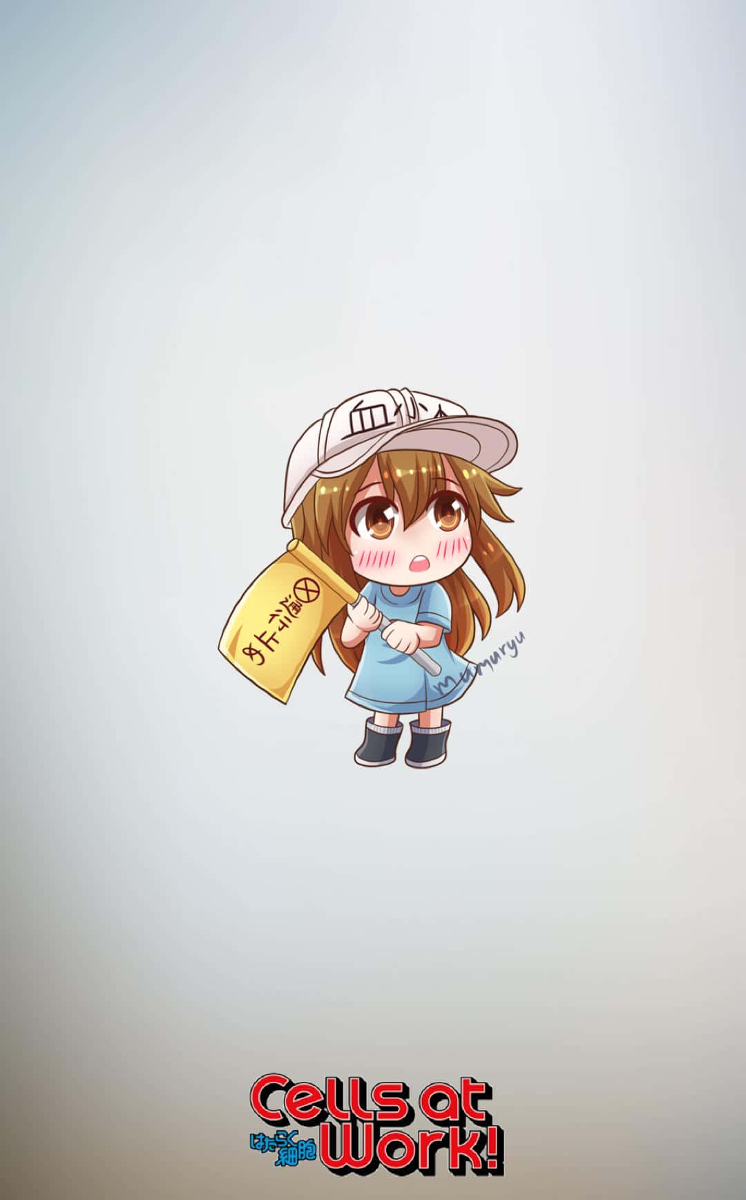 Cells At Work 桌布 壁紙 — 一個棕色頭髮、戴白色帽子的Q版動漫女孩，在純淺灰色背景前舉著一面帶有紅色文字的黃色旗幟。