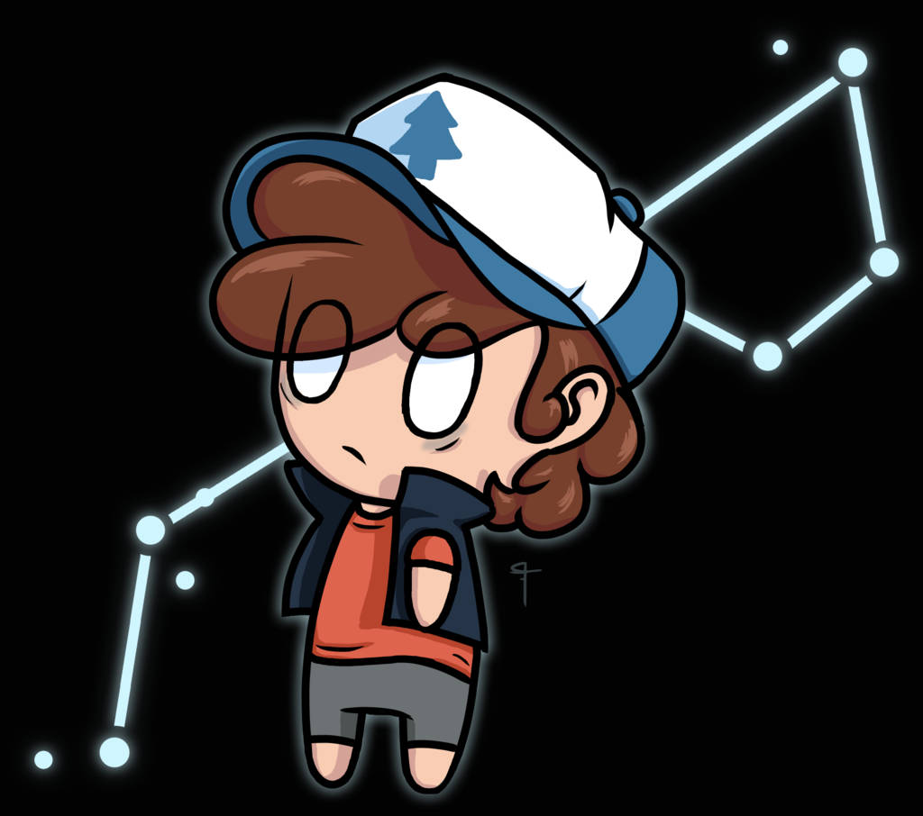 dipper pines 桌布 壁紙 — 一個棕色頭髮、戴著樹標誌帽子的Q版角色，在黑色背景上凝視著發光的星座。