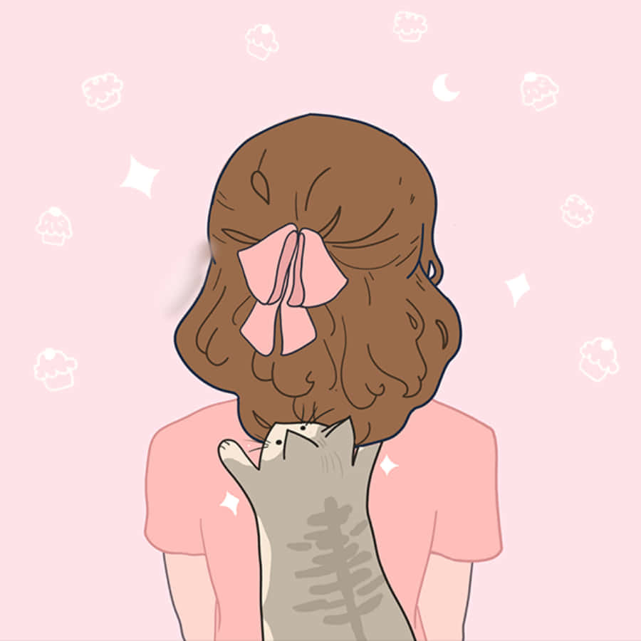 美學個人檔案 桌布 壁紙 — 一個棕色頭髮、戴著粉紅色蝴蝶結的女孩從背後看到，抱著一隻灰色的貓，背景是柔和的粉紅色，帶有杯子蛋糕和月亮圖案。