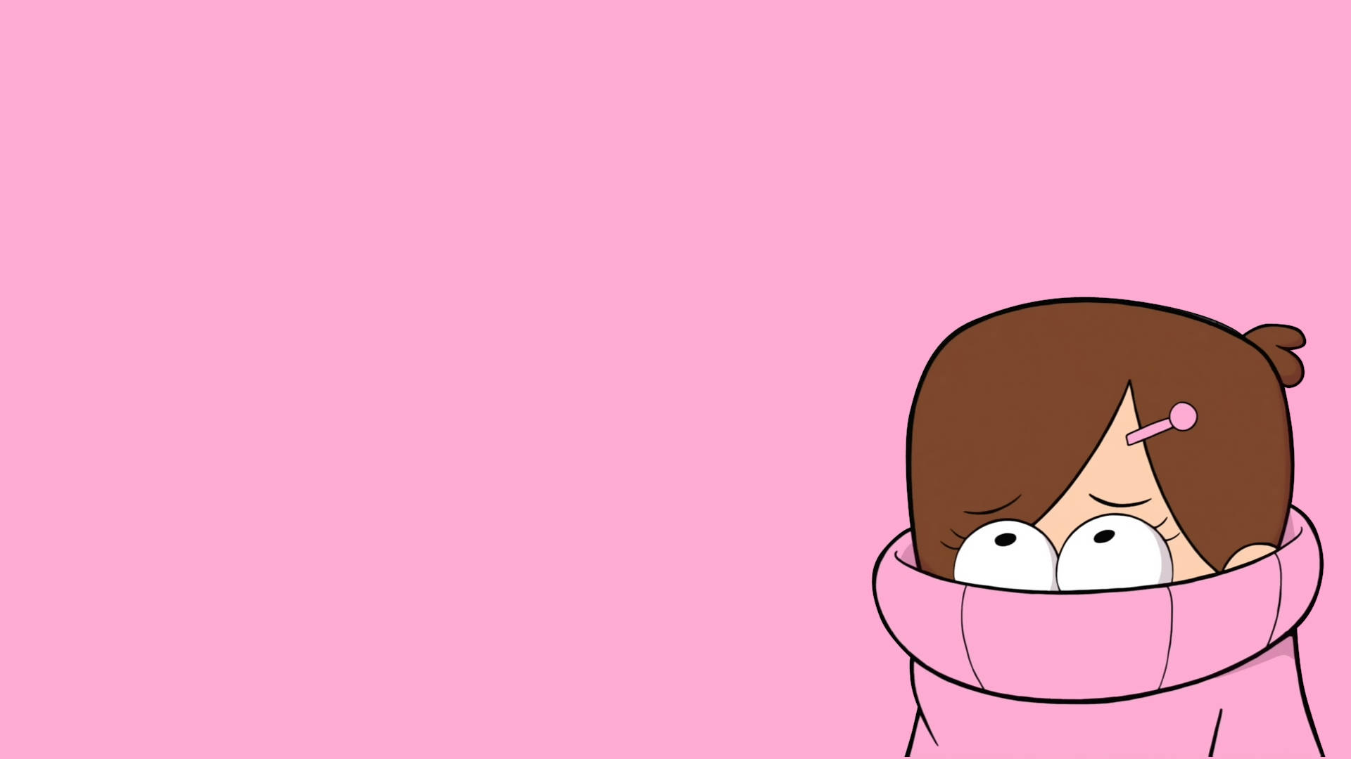 Mabel 桌布 壁紙 — 一個棕色頭髮、戴著粉紅色髮夾的卡通女孩，從一條粉紅色圍巾中探出頭來，背景是純粉紅色。