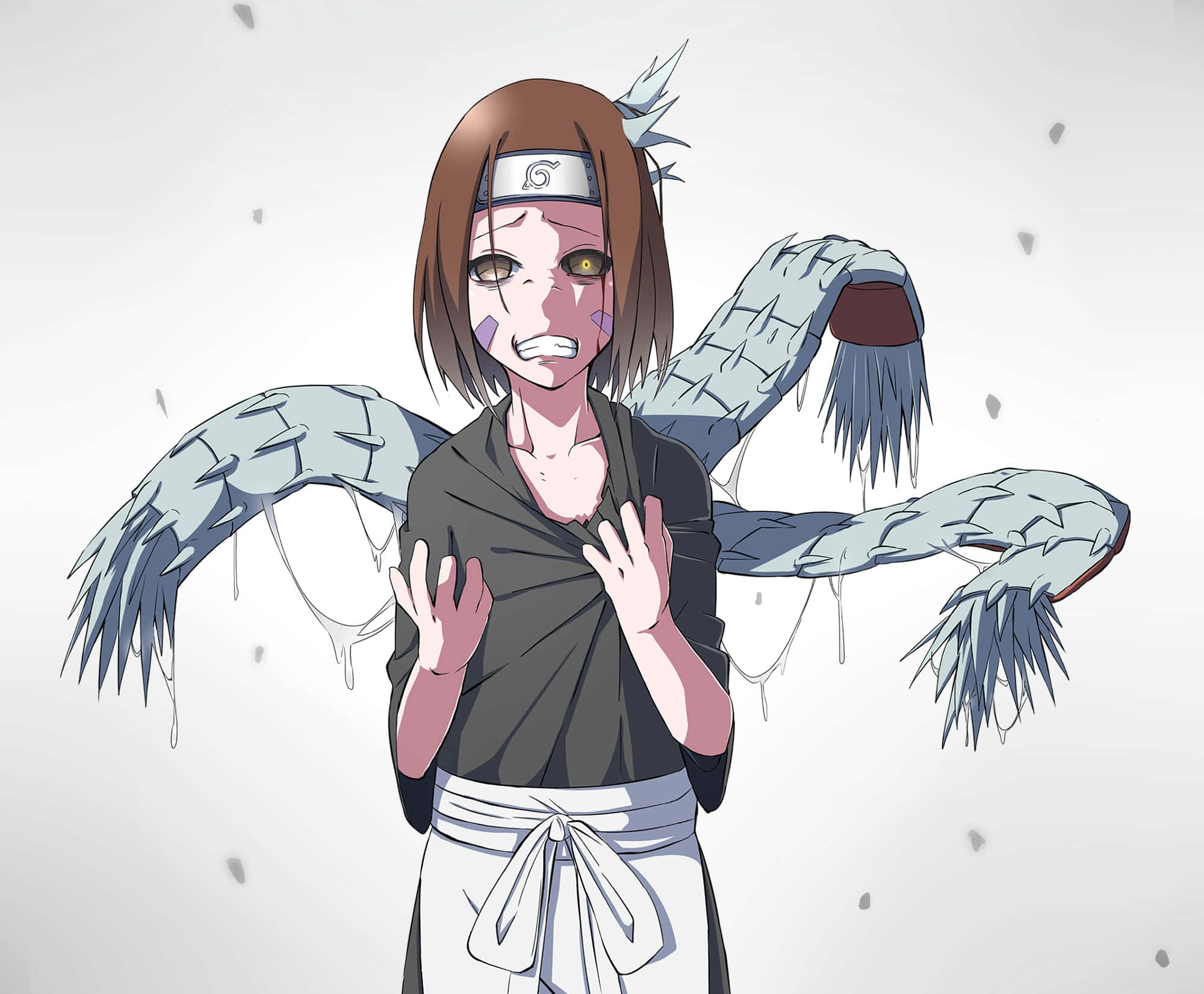 Rin Nohara 桌布 壁紙 — 一個棕色頭髮、戴著頭帶的動漫女孩站著，展開巨大的灰色羽毛翅膀，雙手舉起擺出防禦姿勢，背景是純色。