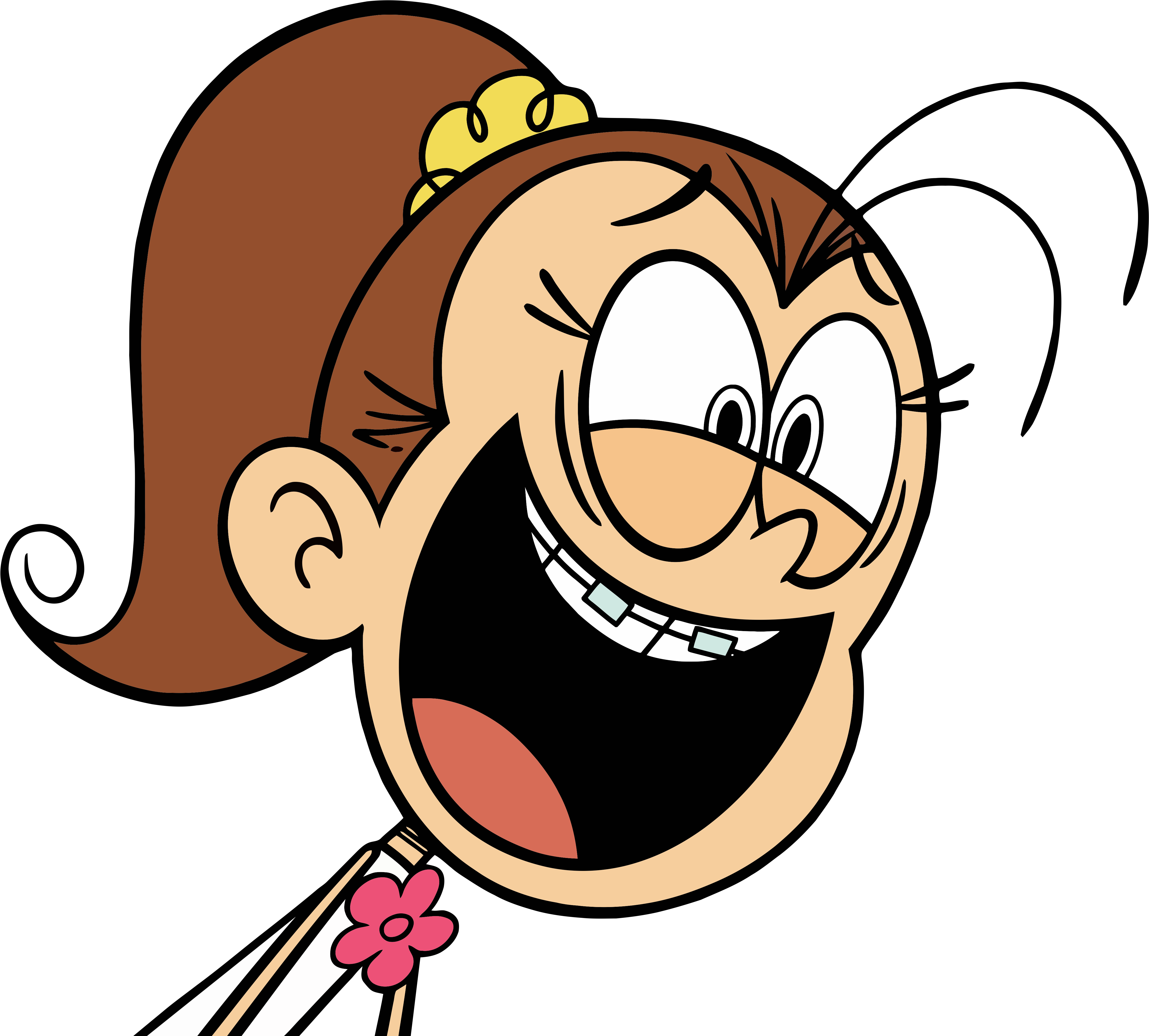 laughter 桌布 壁紙 — 一個棕色頭髮、戴著黃色蝴蝶結的卡通女孩在黑色背景前大笑，露出牙套。
