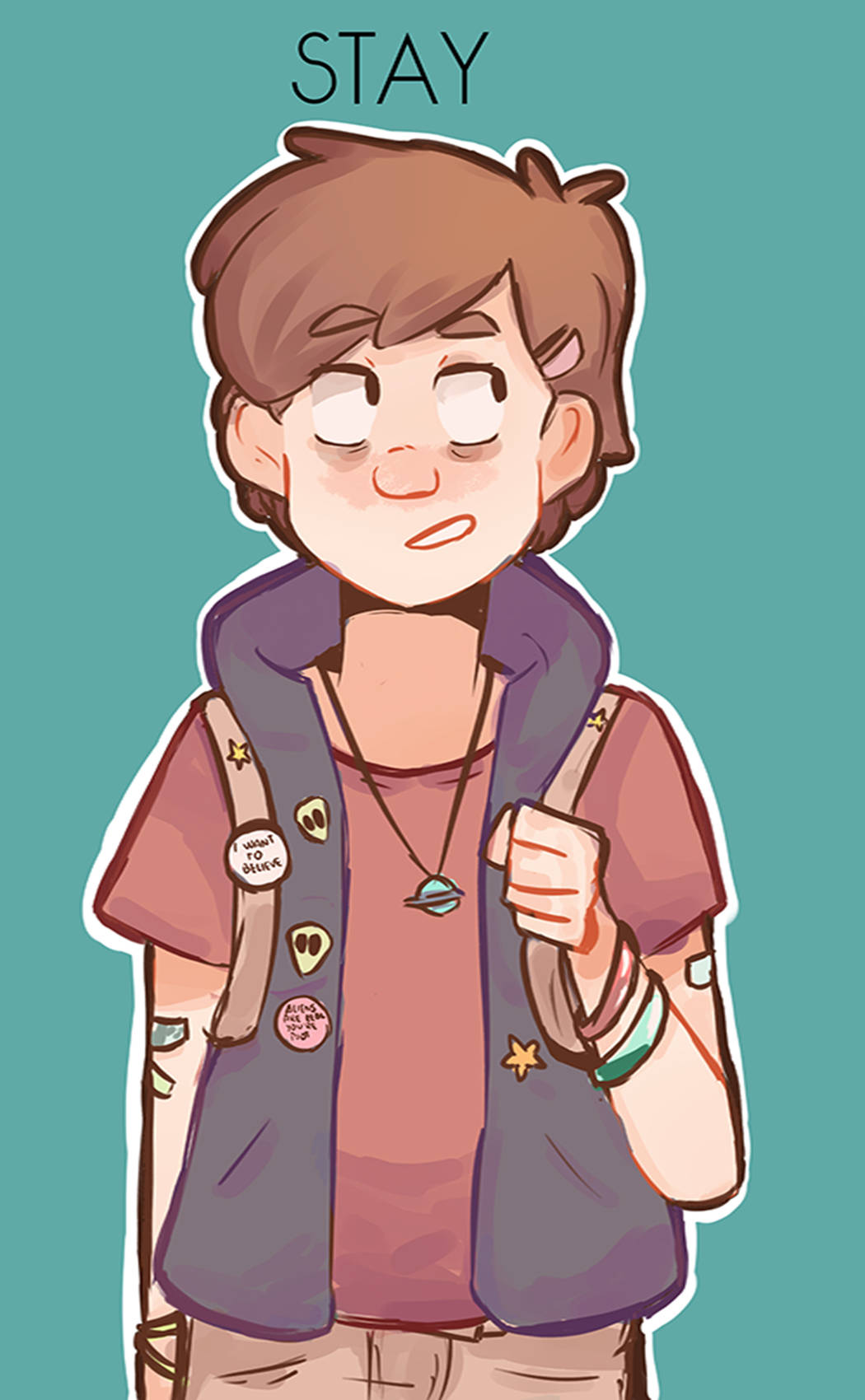 dipper pines 桌布 壁紙 — 一個棕色頭髮、穿著紫色背心的卡通男孩，背著帶有星星徽章的背包，在青綠色背景前溫柔微笑。