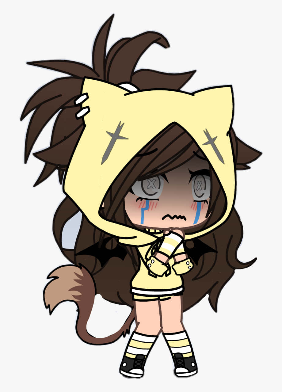 Gacha 桌布 壁紙 — 一個棕色頭髮、穿著黃色貓咪連帽衫的Q版動漫女孩，拿著衛生紙哭泣，眼睛被X劃掉。
