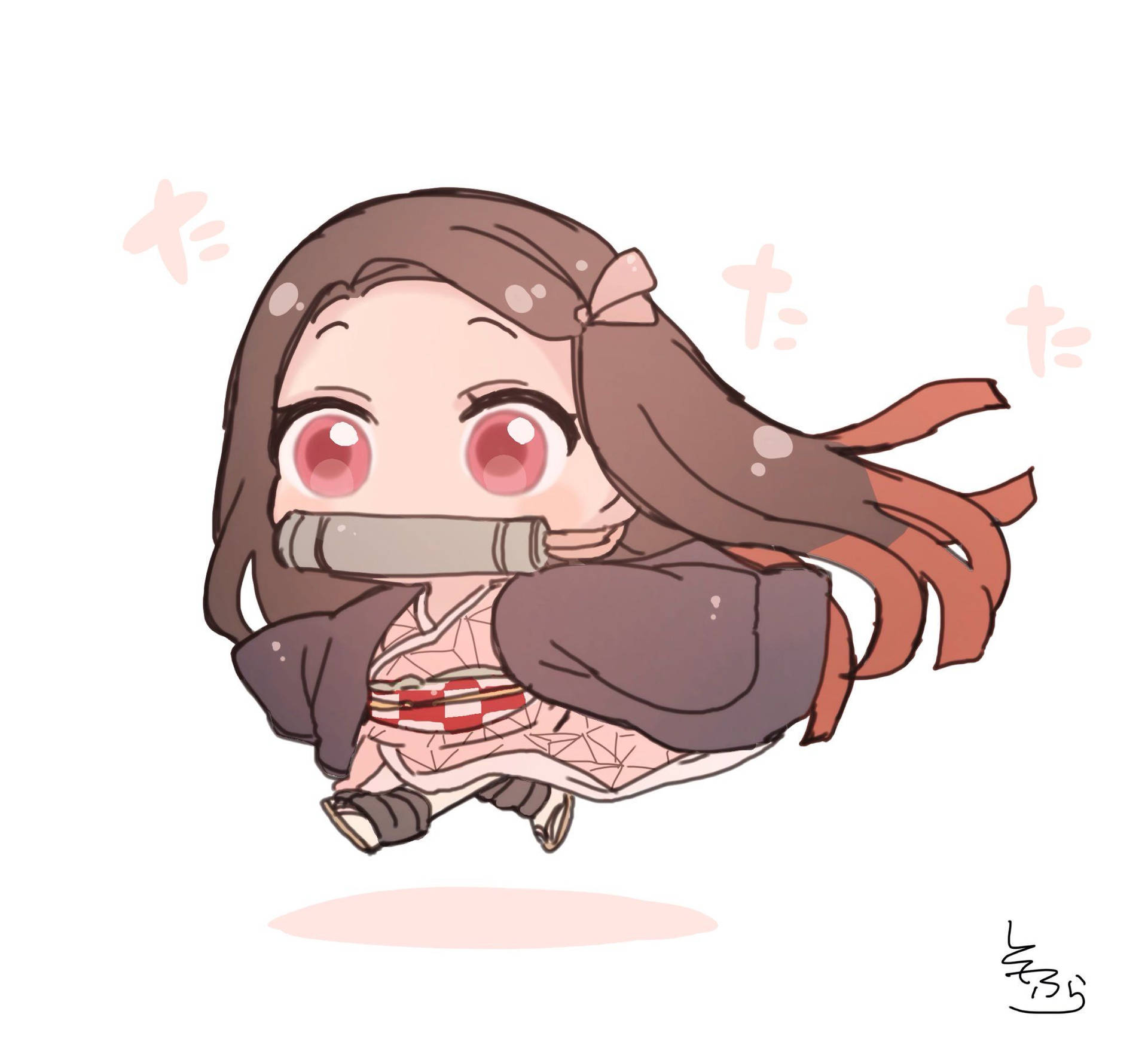 Q版動漫女孩拿著竹管奔跑 — 禰豆子 GIF 壁紙