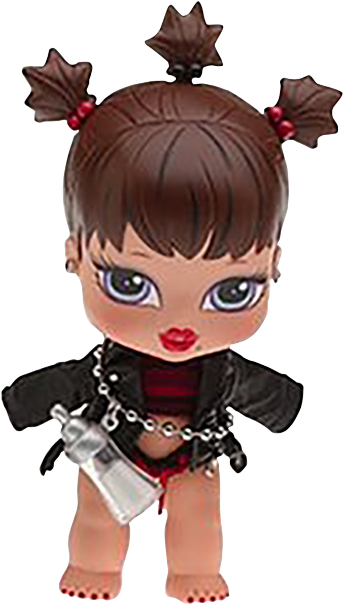Bratz 桌布 壁紙 — 一個棕色頭髮、紮著星形雙馬尾的Q版人偶，穿著黑色皮夾克，並戴著鏈條，鏈條上掛著一支注射器。