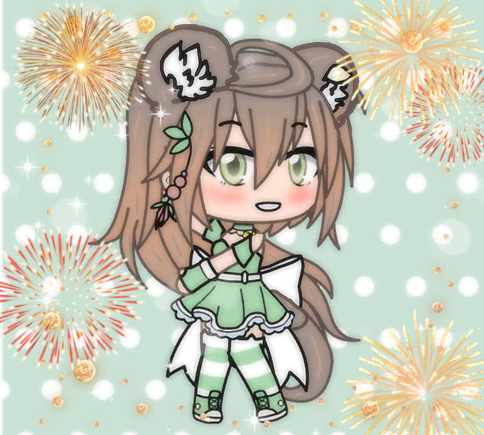 Gacha 桌布 壁紙 — 一個棕色頭髮、綠色眼睛的Q版動漫女孩，在薄荷色背景上開心地站著，背景有彩色煙火和閃光。
