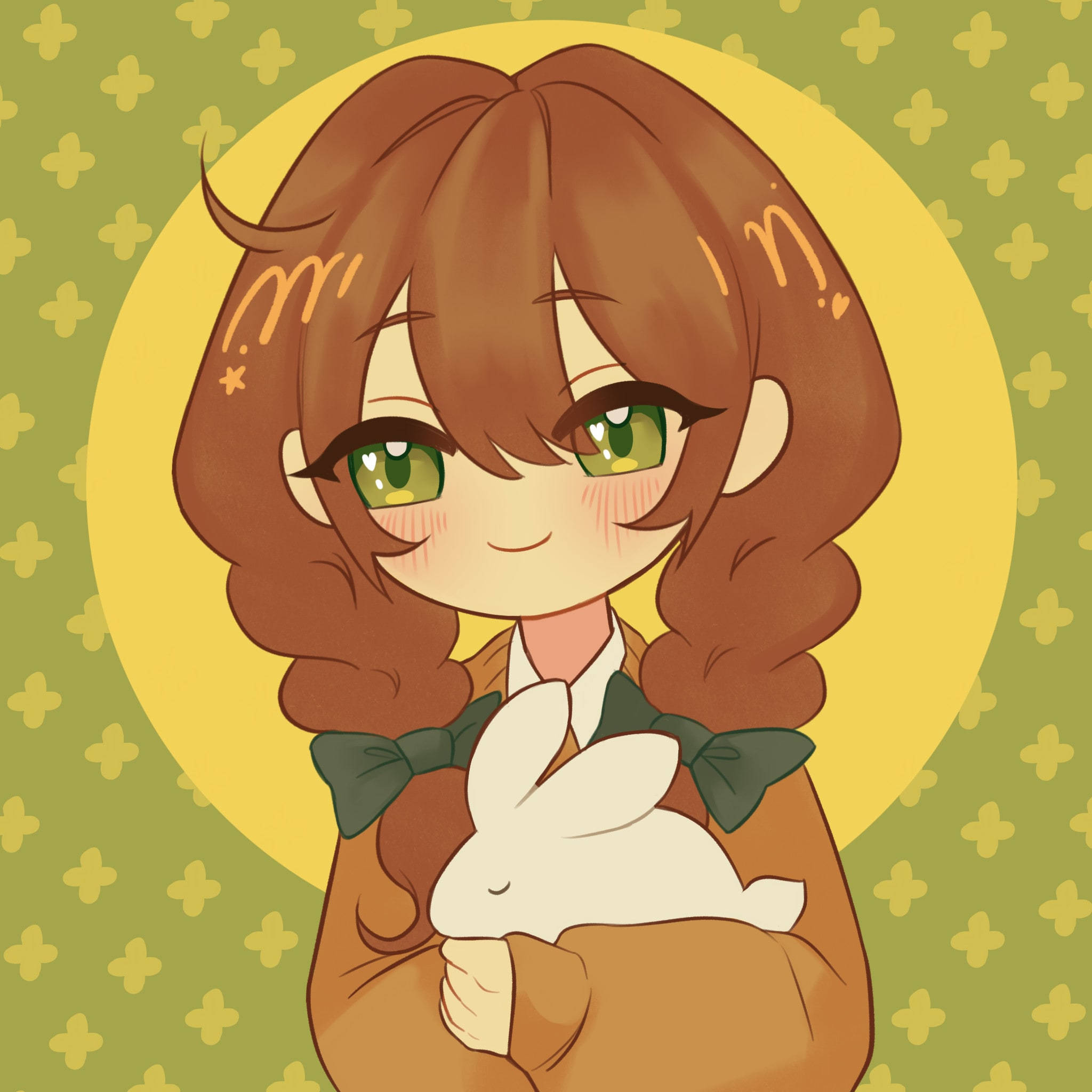 Pfp 桌布 壁紙 — 一個棕色頭髮、綠色眼睛的Q版動漫女孩，在綠色十字圖案背景上，對著黃色圓形光暈輕輕擁抱一隻白兔。