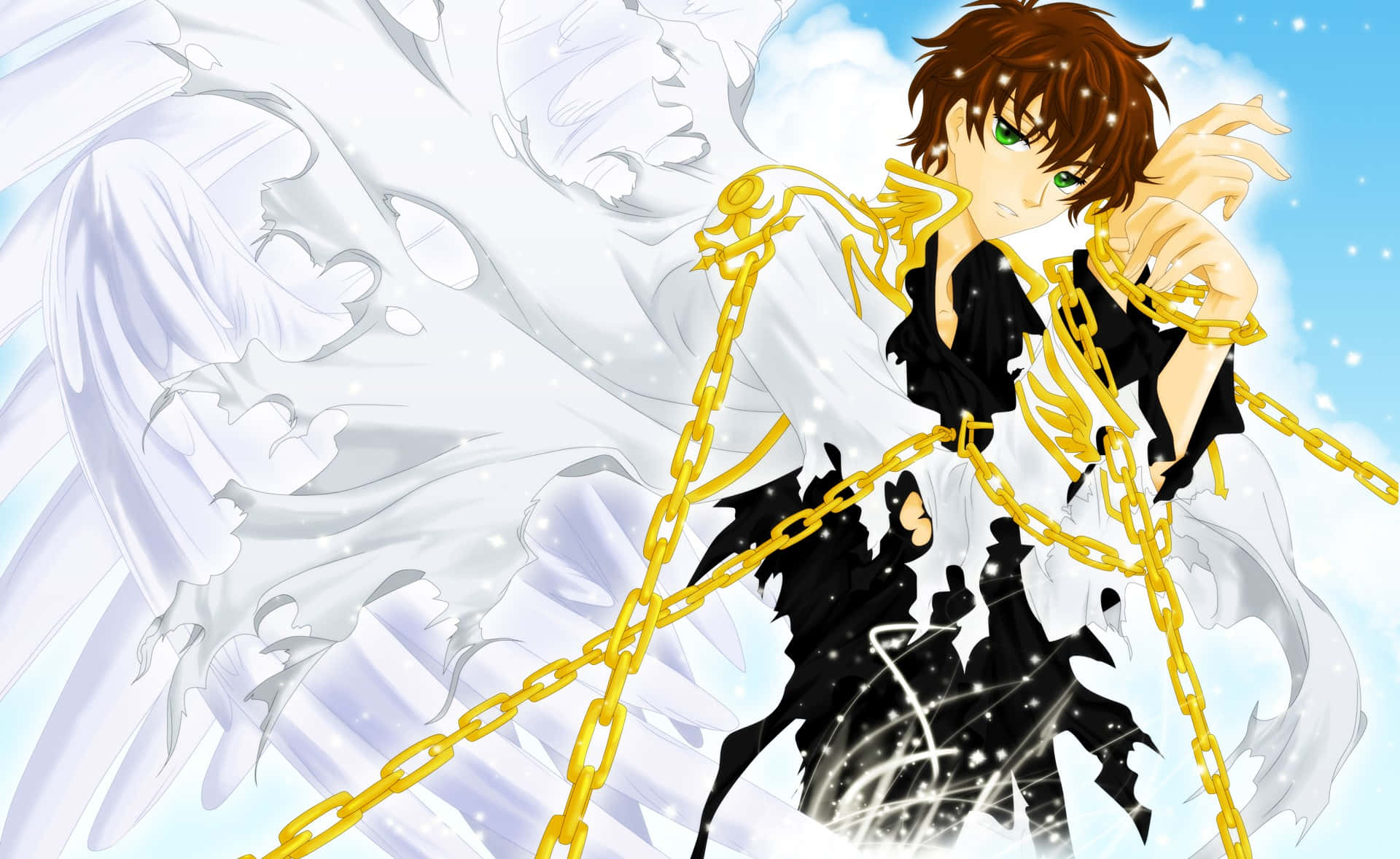 Suzaku Kururugi 桌布 壁紙 — 一個棕色頭髮、綠色眼睛的動漫男孩被金色鎖鏈束縛，背景是白色天使翅膀和藍天。