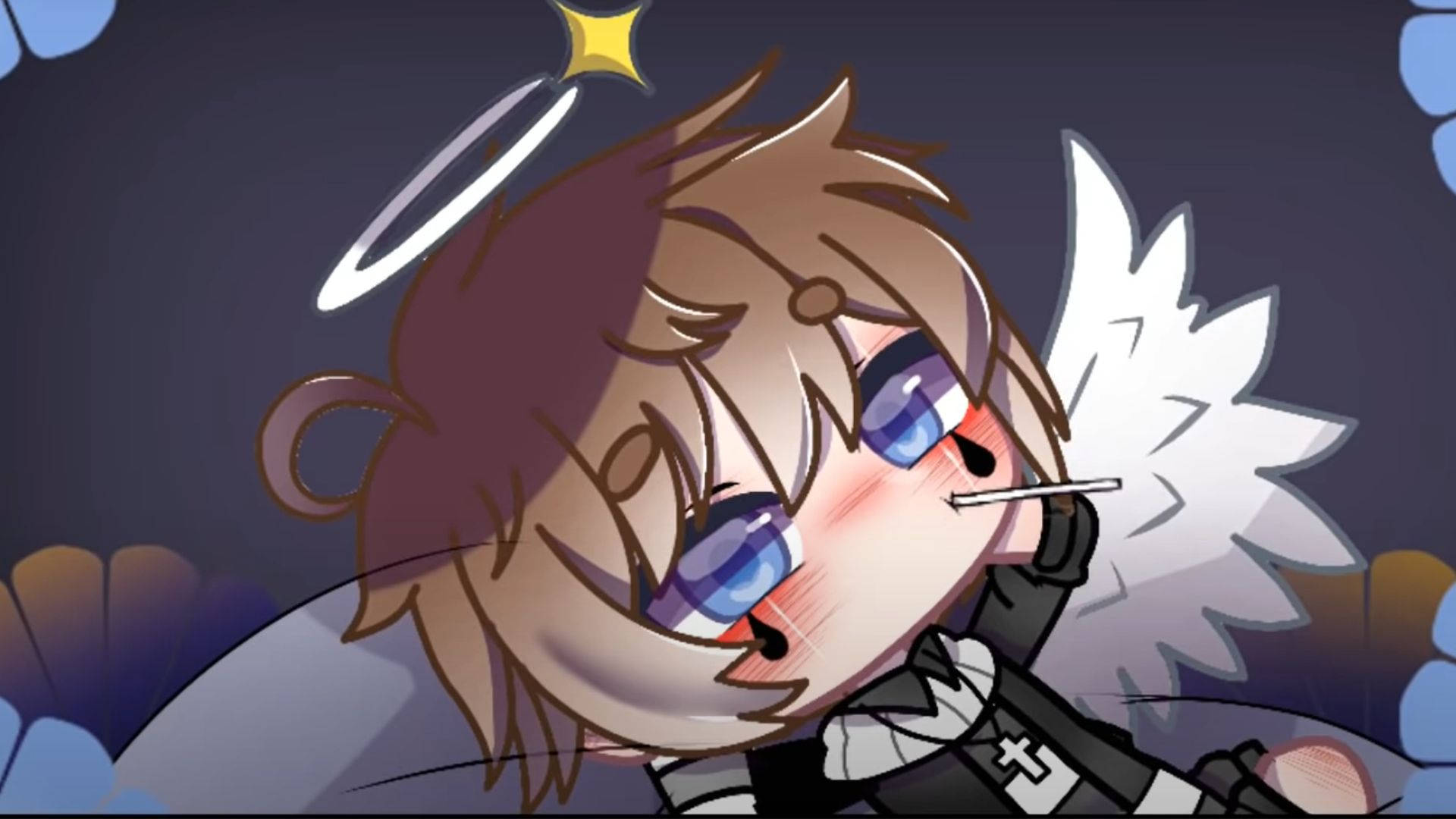 Chris Afton 桌布 壁紙 — 一個棕色頭髮、藍色眼睛、帶光環的Q版動漫天使，害羞地拿著一支煙。