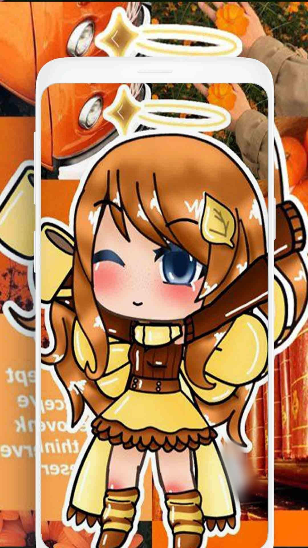 Gacha Life 桌布 壁紙 — 一個棕色頭髮、藍色眼睛的Q版動漫女孩穿著黃色服裝，站在手機螢幕上，手持一把劍。