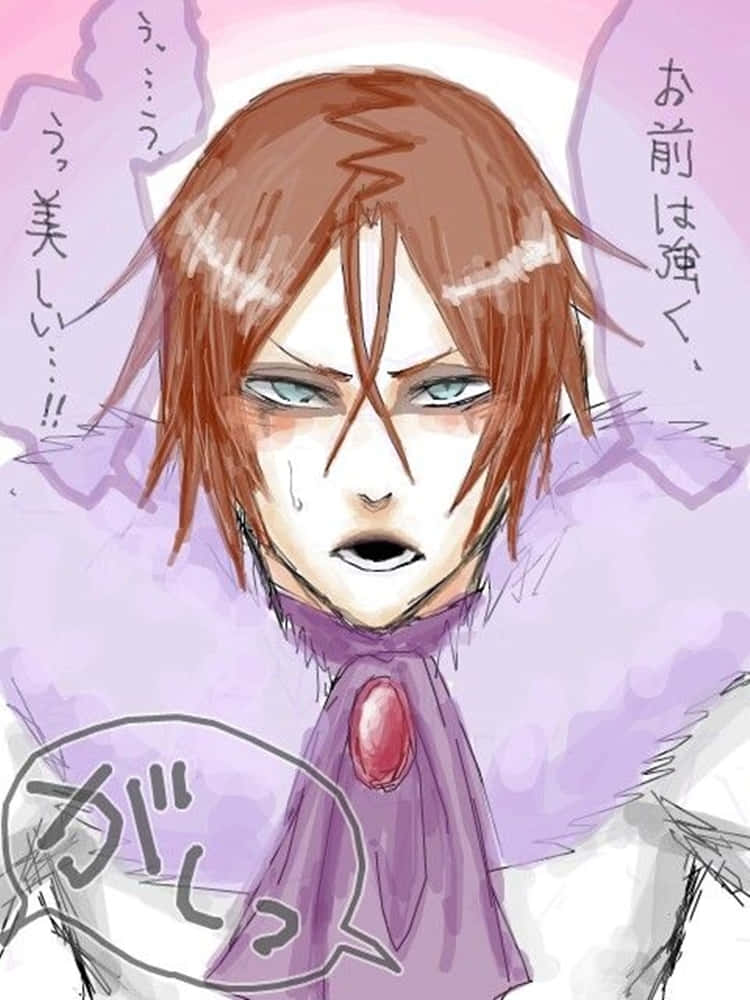 Bleach Muramasa 桌布 壁紙 — 一個棕色頭髮、藍色眼睛的動漫角色，穿著帶有紅色寶石的紫色斗篷，一邊哭泣一邊用日語對話框說話。