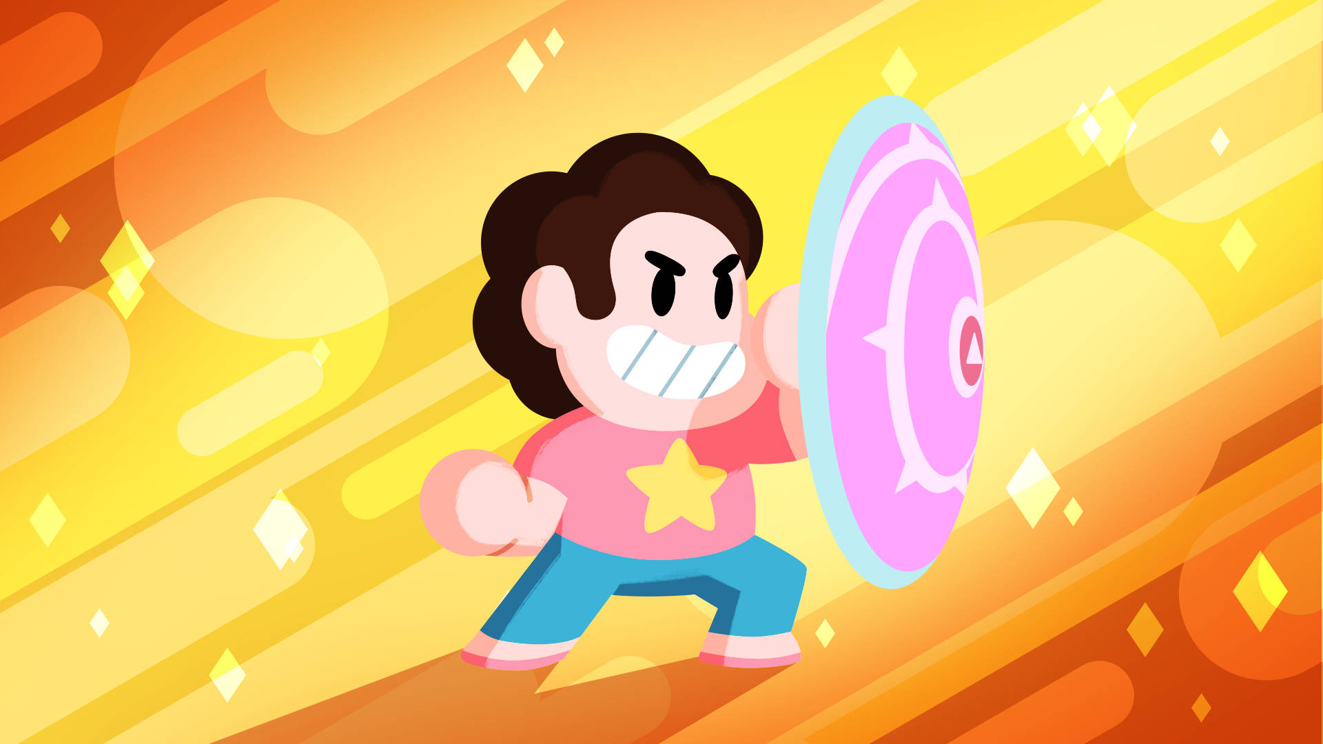Cartoon Network 桌布 壁紙 — 一個棕色頭髮、身穿粉紅色襯衫的卡通角色，在帶有鑽石閃光的耀眼橙黃色背景前，手持一個發光的粉紅色盾牌。