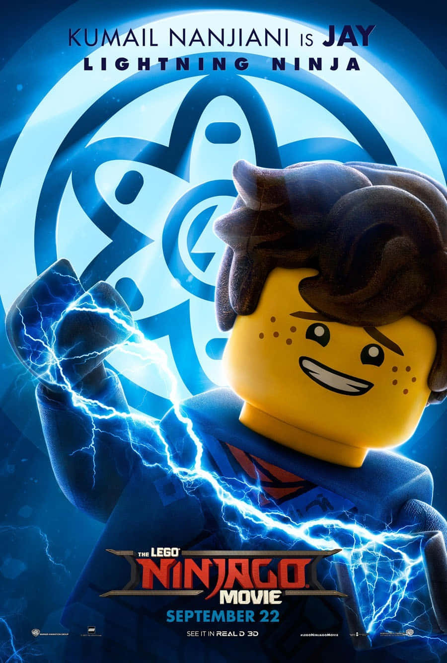 Animated 桌布 壁紙 — 一個棕色頭髮、身穿藍色套裝的LEGO忍者角色，在發光的藍色圓形標誌背景下，從拳頭釋放出明亮的藍色閃電。