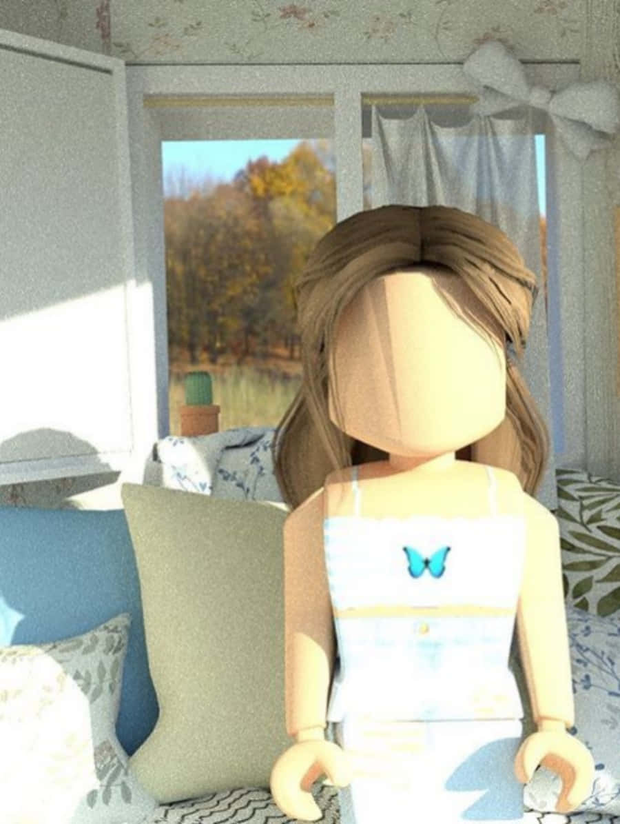美學 Roblox 女孩 桌布 壁紙 — 一個棕色頭髮、身穿藍色蝴蝶上衣的Roblox虛擬角色坐在有圖案的沙發上，面向窗外有秋樹的窗戶。