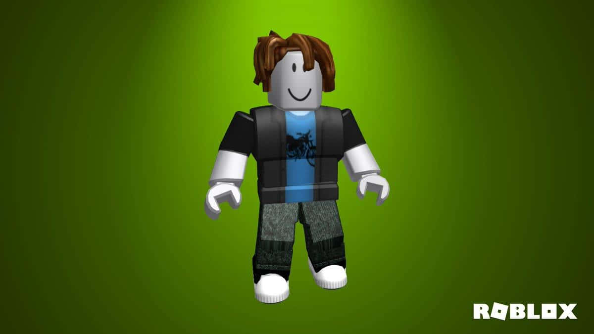 Roblox Character 桌布 壁紙 — 一個棕色頭髮、身穿藍色襯衫的Roblox虛擬角色站在發光的綠色漸變背景前。