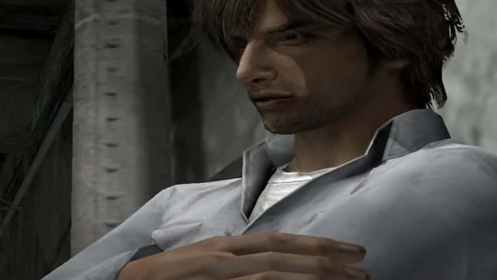 Silent Hill Characters 桌布 壁紙 — 一個棕色頭髮、鬍渣的男人穿著灰色襯衫，在昏暗的工業環境中的特寫。