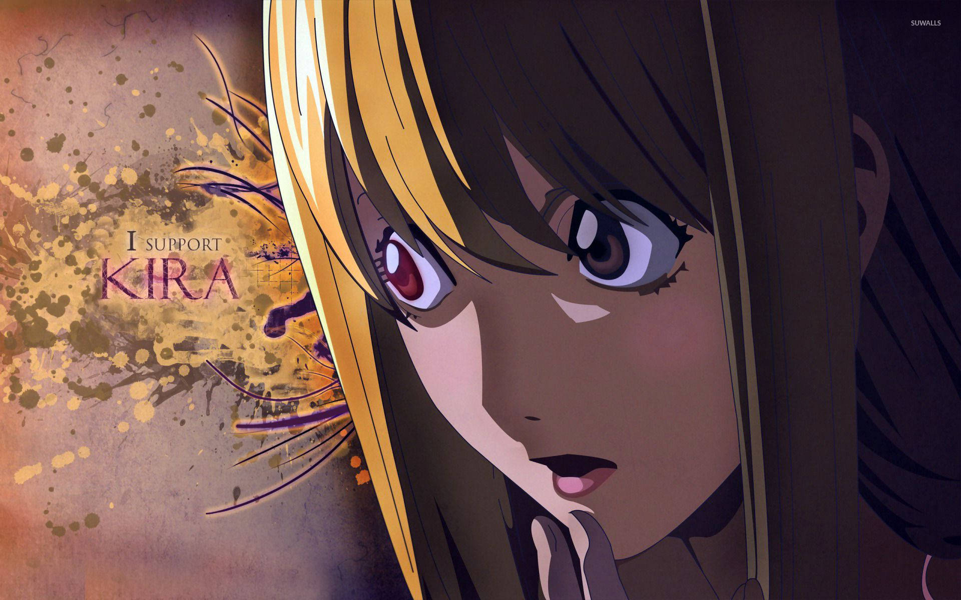 Misa 桌布 壁紙 — 一個棕色頭髮和紅色眼睛的動漫女孩特寫，在帶有紋理的背景上強烈凝視，背景上有「I SUPPORT KIRA」文字。