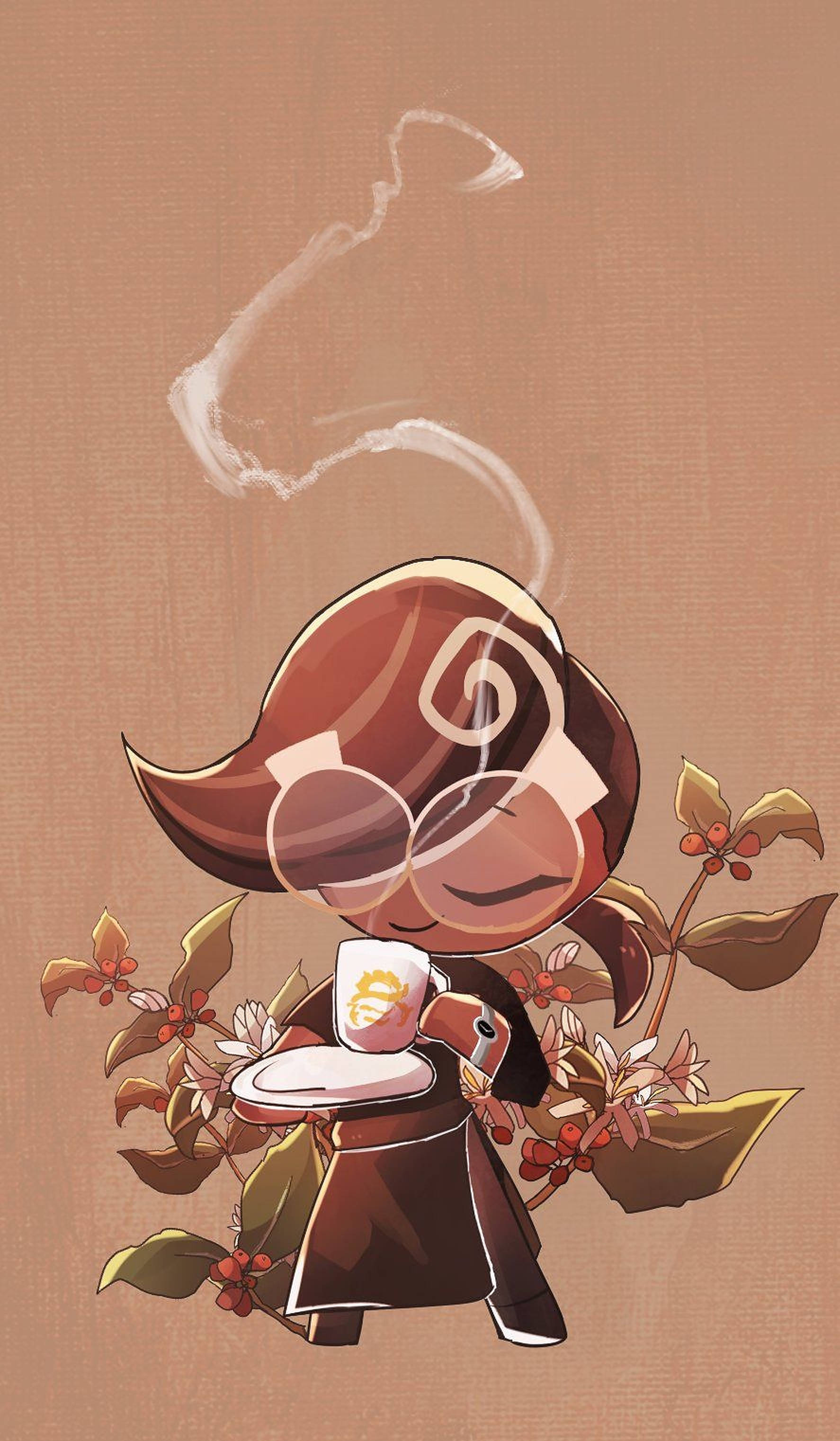 Cookie Run 桌布 壁紙 — 一個棕色頭髮戴眼鏡的Q版角色，手持冒煙的咖啡杯，周圍環繞著咖啡植物，背景為有紋理的米色。