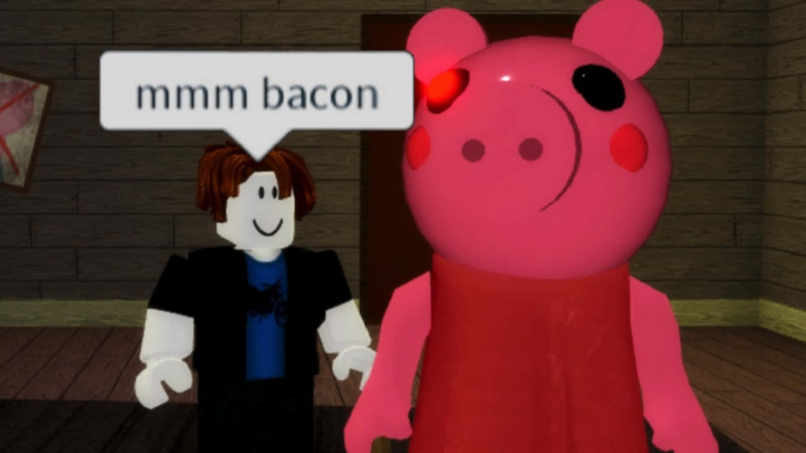 Roblox Character 桌布 壁紙 — 一個棕色頭髮的 Roblox 角色站在一個木房間裡，旁邊是一隻穿著紅色連衣裙的巨型粉紅色豬。