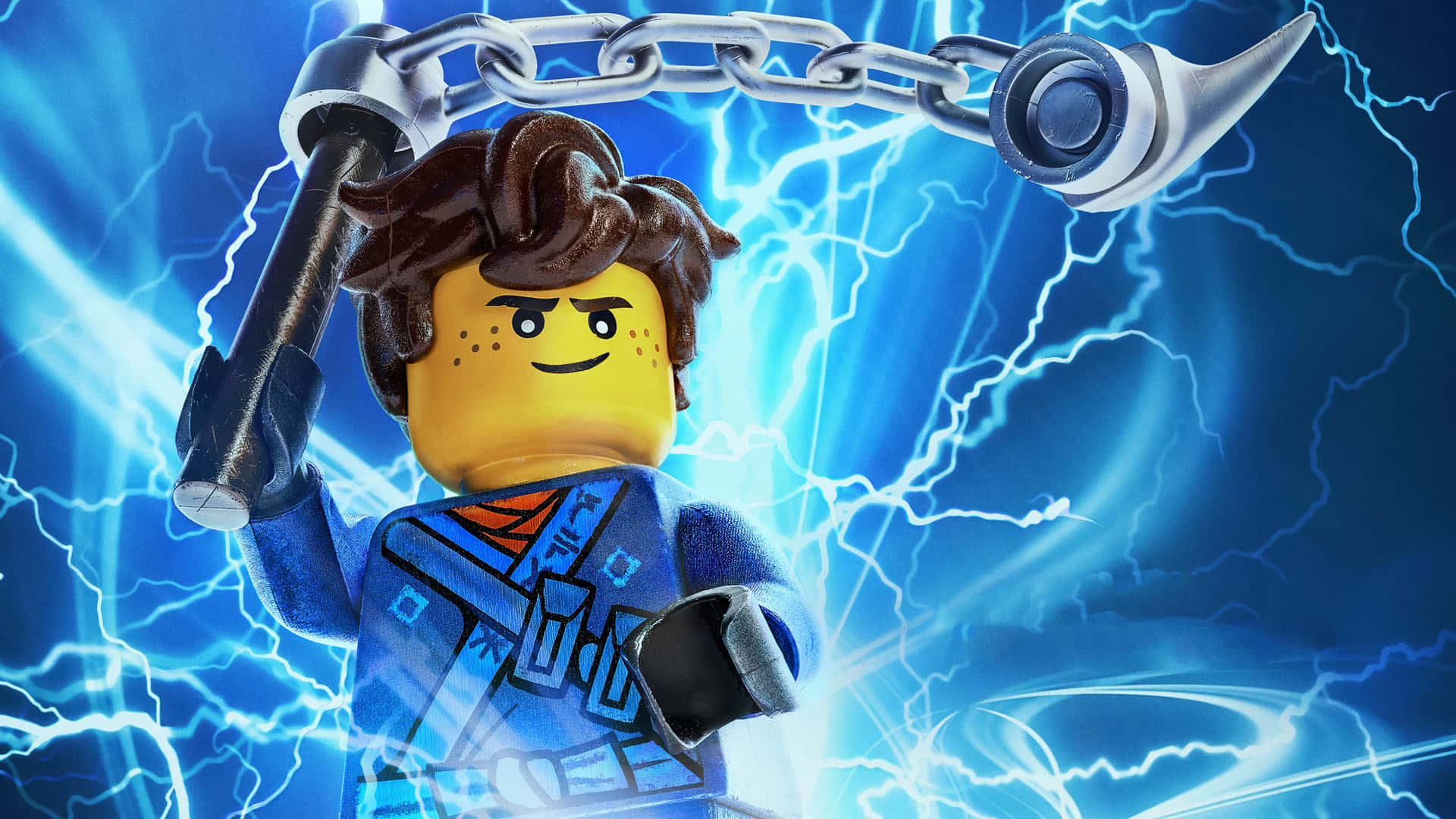 Animated 桌布 壁紙 — 一個棕色頭髮的LEGO人偶在充滿鮮豔藍色閃電的背景前揮舞著鎖鏈武器。