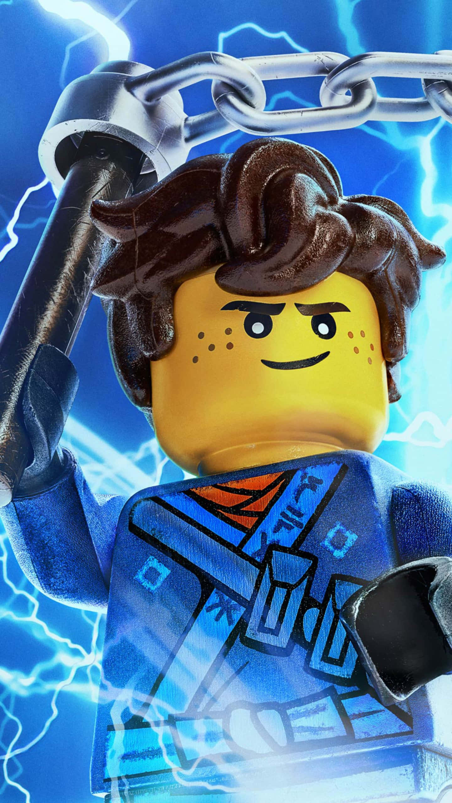 Animated 桌布 壁紙 — 一個棕色頭髮的LEGO迷你人偶在充滿鮮豔藍色閃電的背景中揮舞著鎖鏈錘。