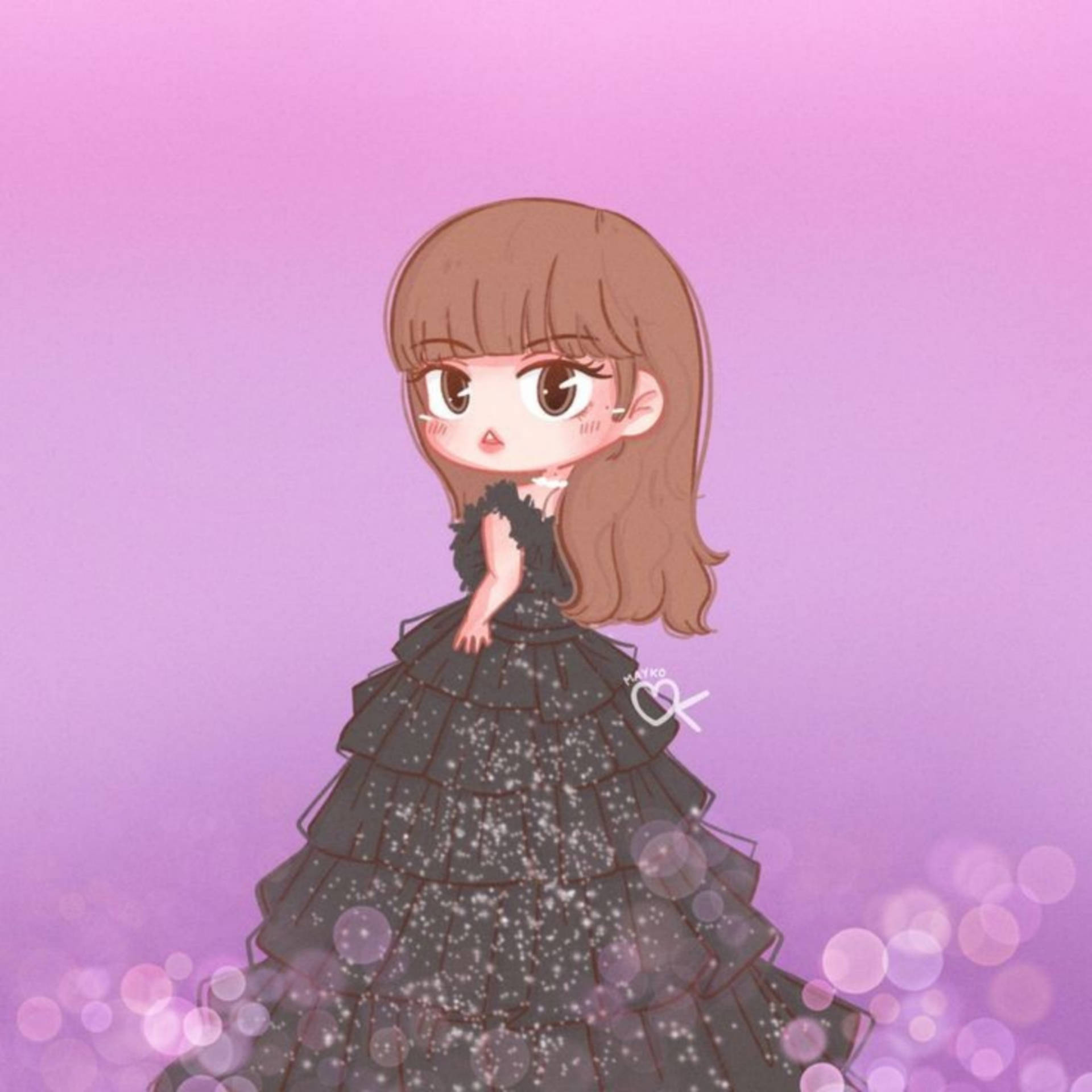 lisa 桌布 壁紙 — 一個棕色頭髮的Q版動漫女孩，穿著閃亮的黑色長裙，背景是柔和的紫色散景燈光。