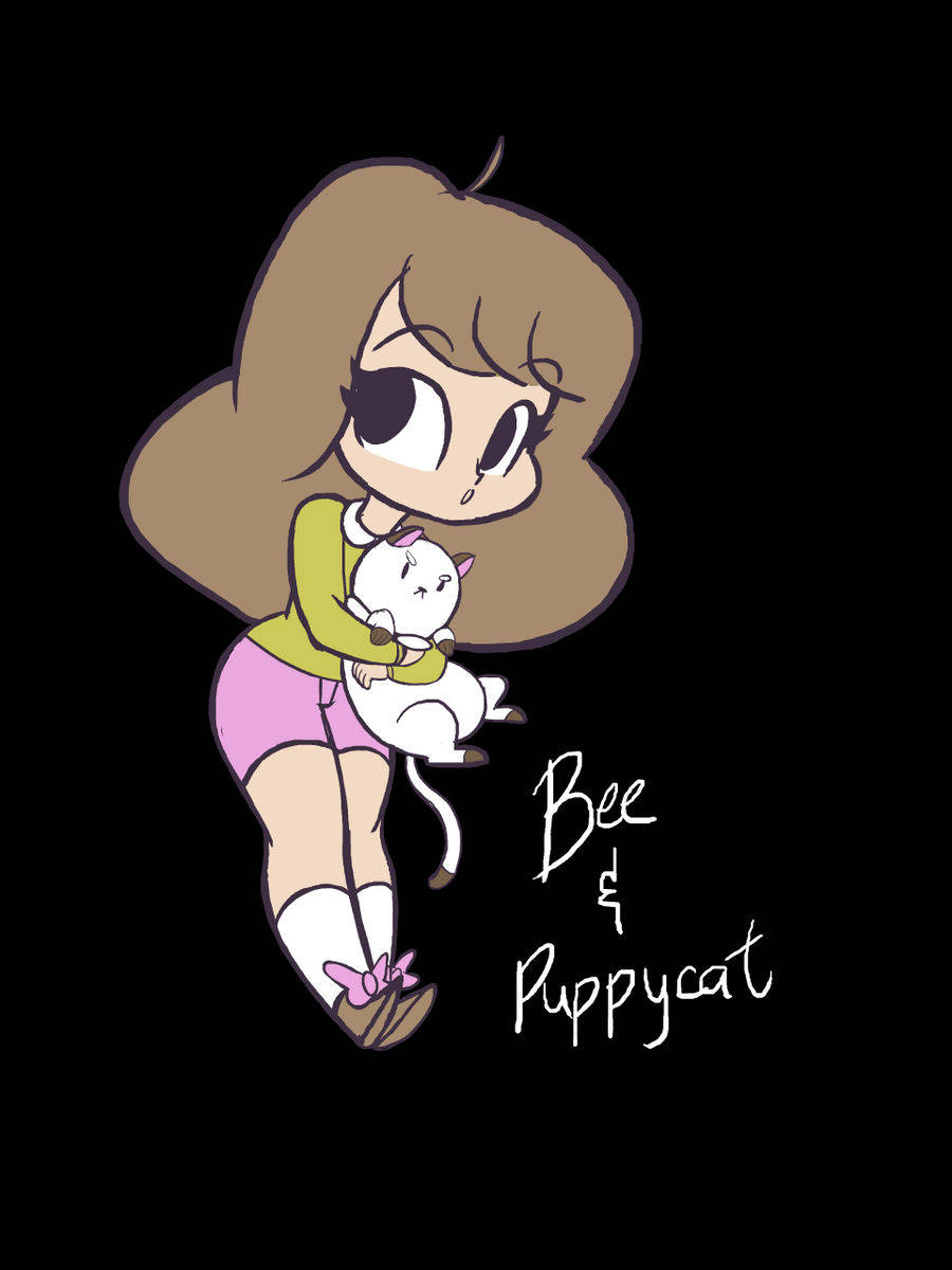 bee and puppycat 桌布 壁紙 — 一個棕色頭髮的Q版女孩在黑色背景上抱著一隻白貓，並帶有「Bee & Puppycat」文字。