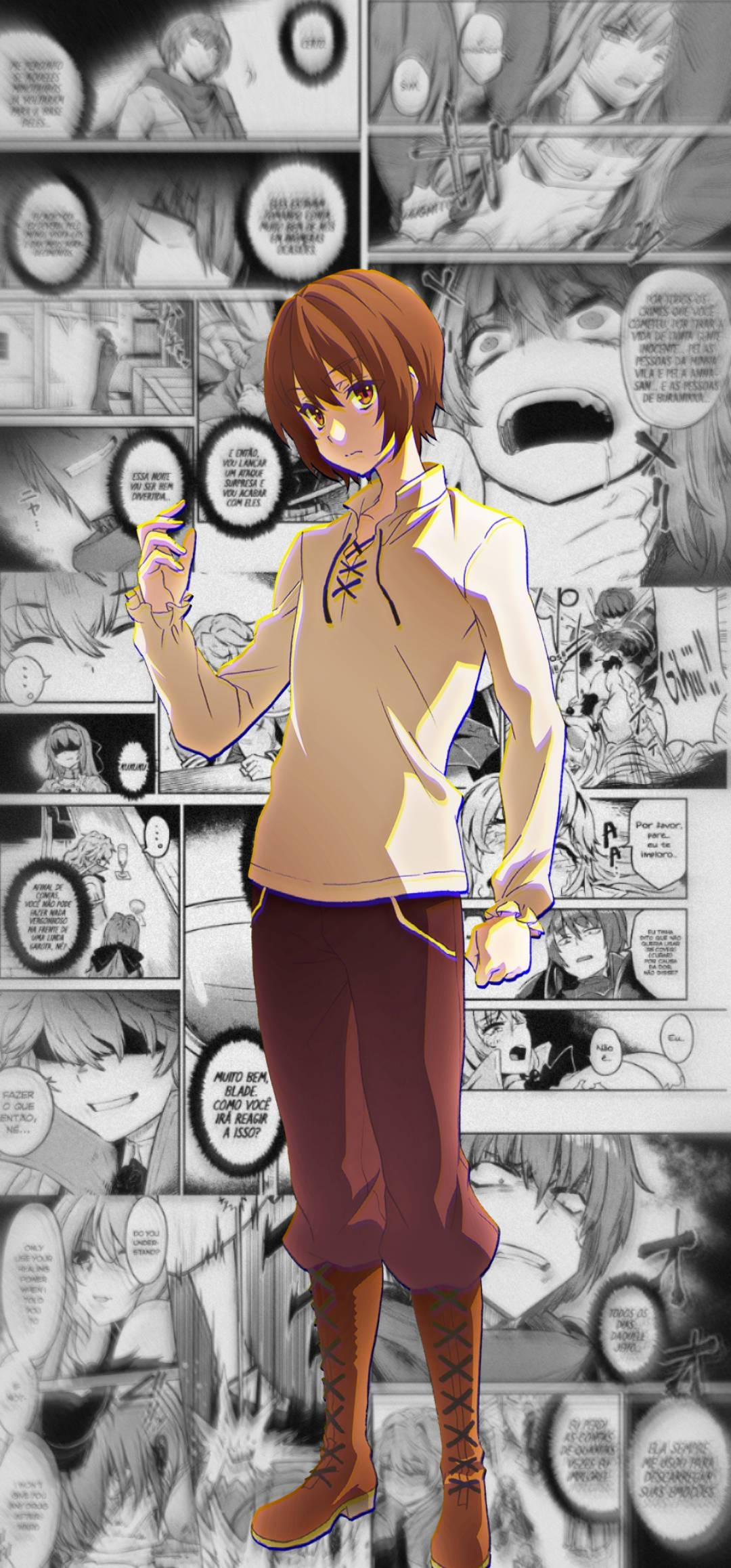Healer 桌布 壁紙 — 一個棕色頭髮的動漫角色，身穿米色襯衫和靴子，站在黑白漫畫面板拼貼畫前。