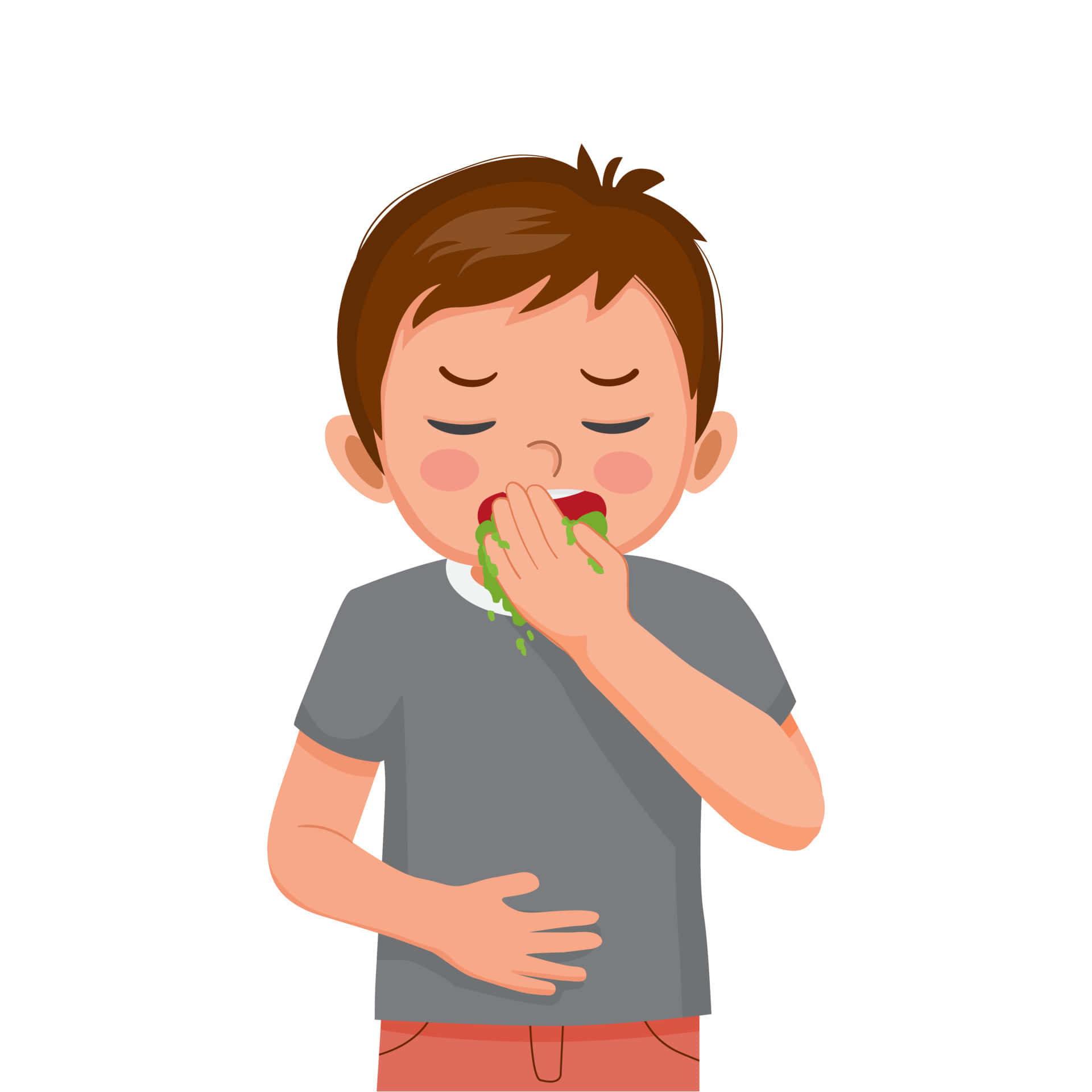 小孩動圖 桌布 壁紙 — 一個棕色頭髮的卡通男孩閉著眼睛，手掩著嘴，正在吃一團亂七八糟的綠色食物。