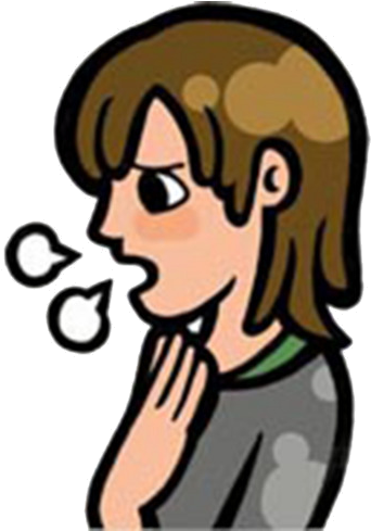 生病 桌布 壁紙 — 一個棕色頭髮的卡通角色對著手咳嗽，附近有兩個對話氣泡漂浮。