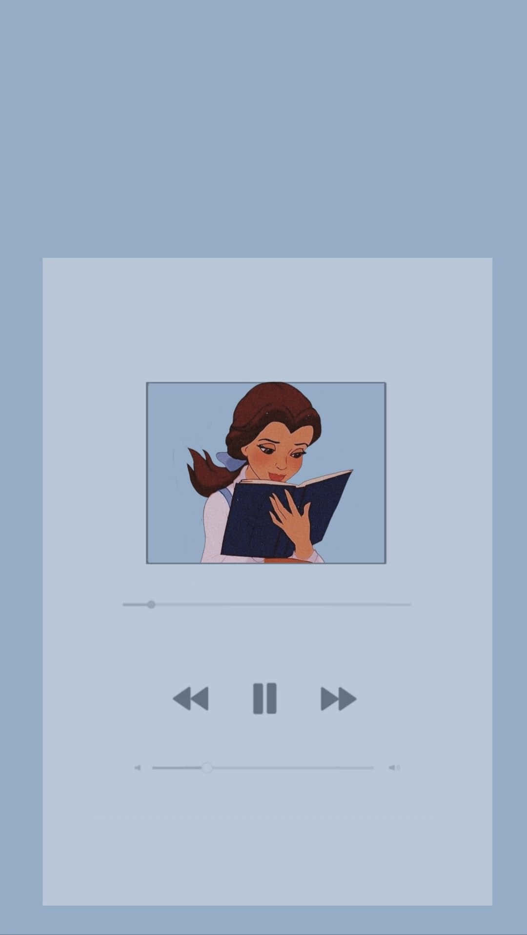 Aesthetic Disney 桌布 壁紙 — 一個棕色頭髮的女孩在媒體播放器介面內閱讀書籍的極簡數位插圖。