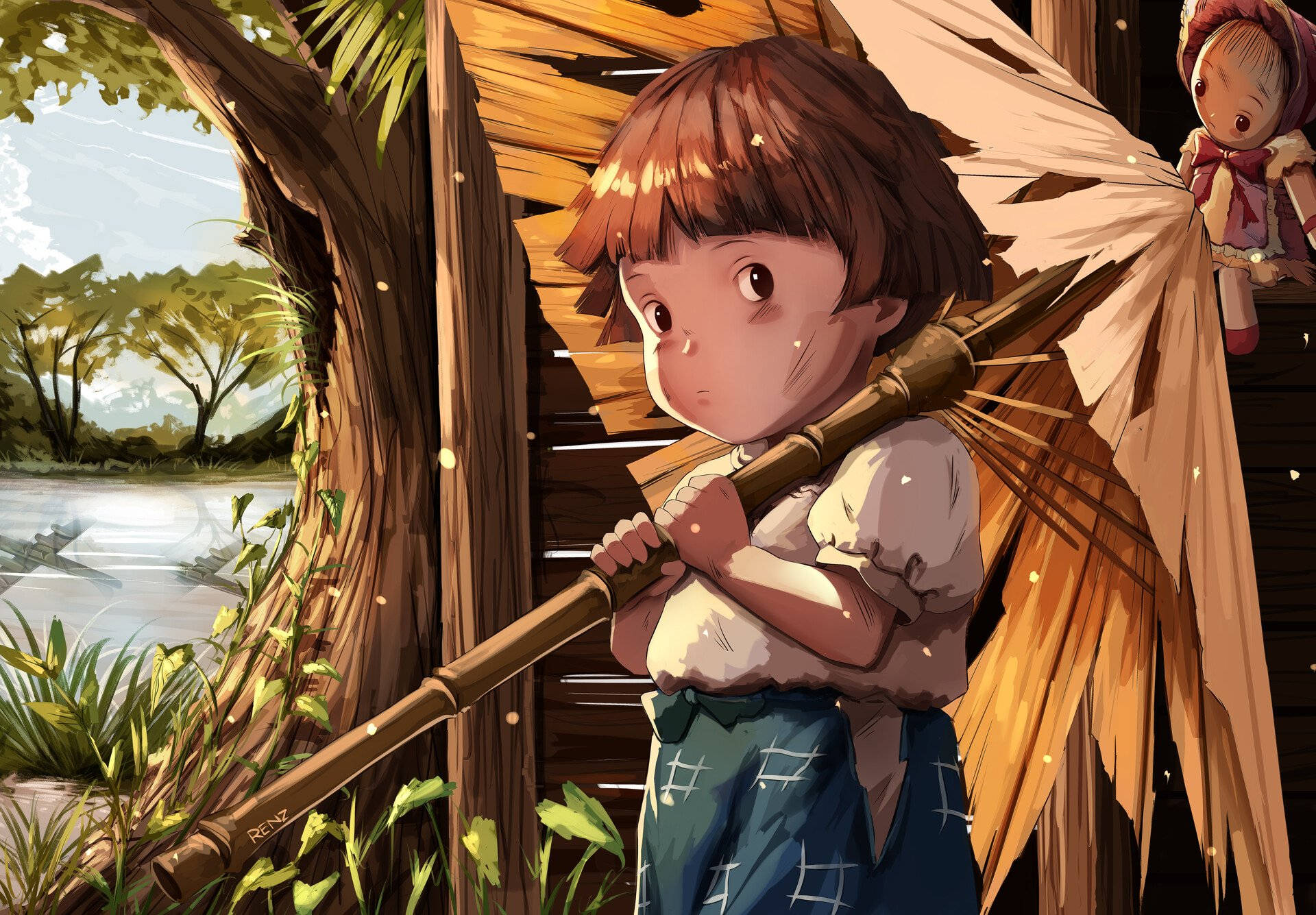 Studio 桌布 壁紙 — 一個棕色頭髮的小女孩拿著掃帚，站在一間屋頂上放著玩偶的木屋旁邊，周圍是茂密的綠植和一條河流。