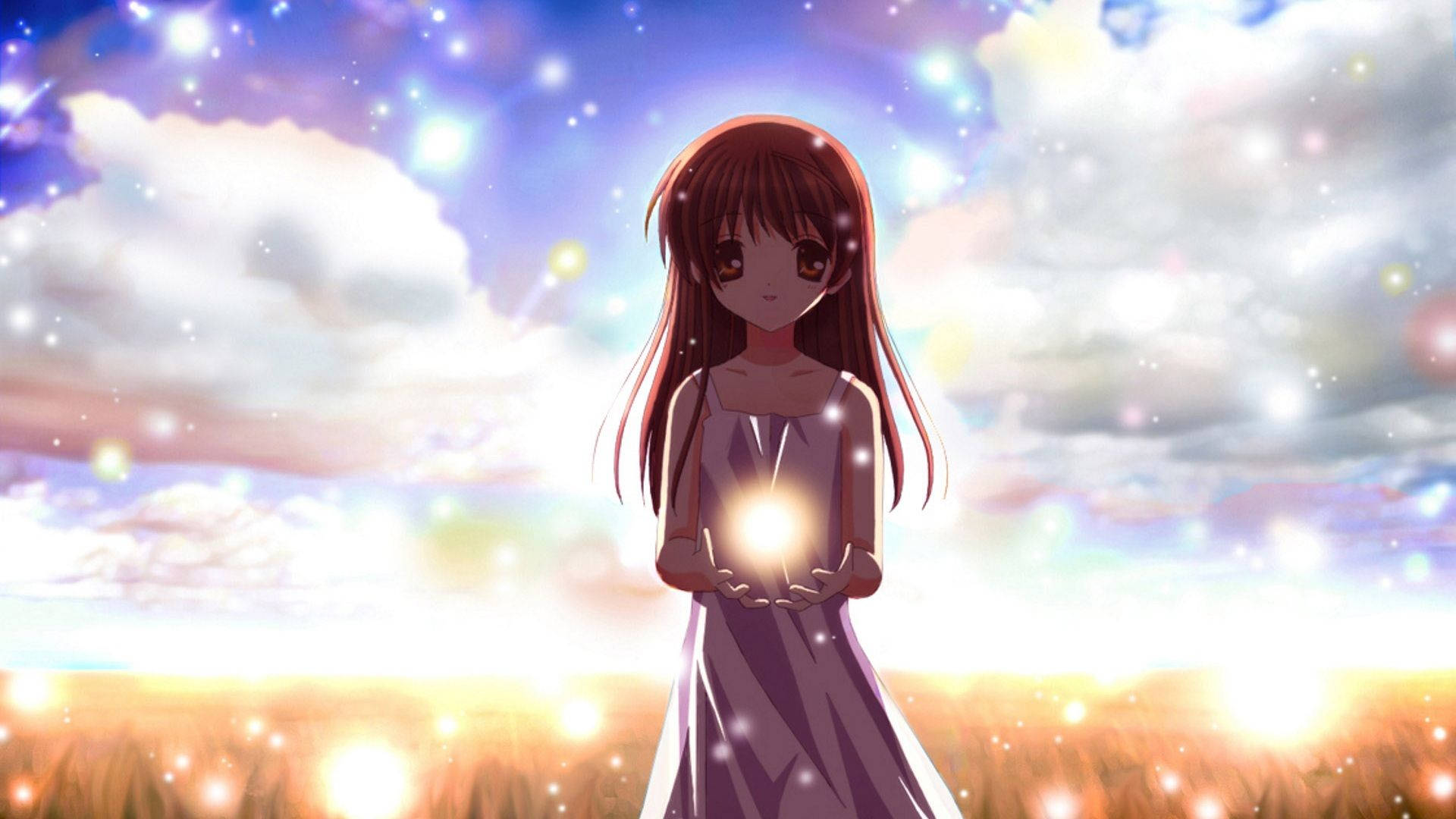 Girly Cartoon 桌布 壁紙 — 一個棕色頭髮的年輕動漫女孩在星空暮色下的田野中拿著一個發光的球體。