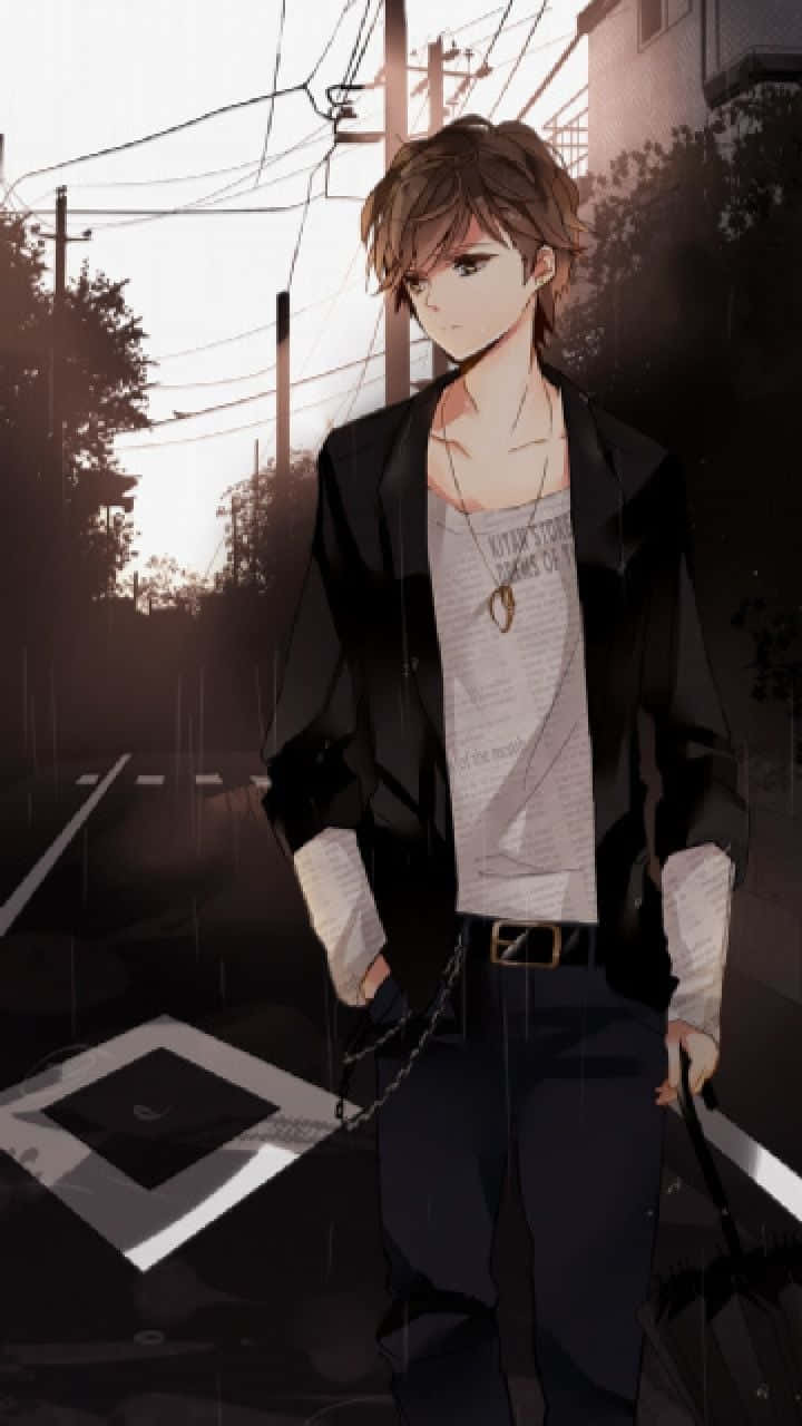 Cute Boy Anime 桌布 壁紙 — 一個棕色頭髮的年輕動漫男子獨自站在下雨的城市街道上，在昏暗的天空下撐著雨傘。