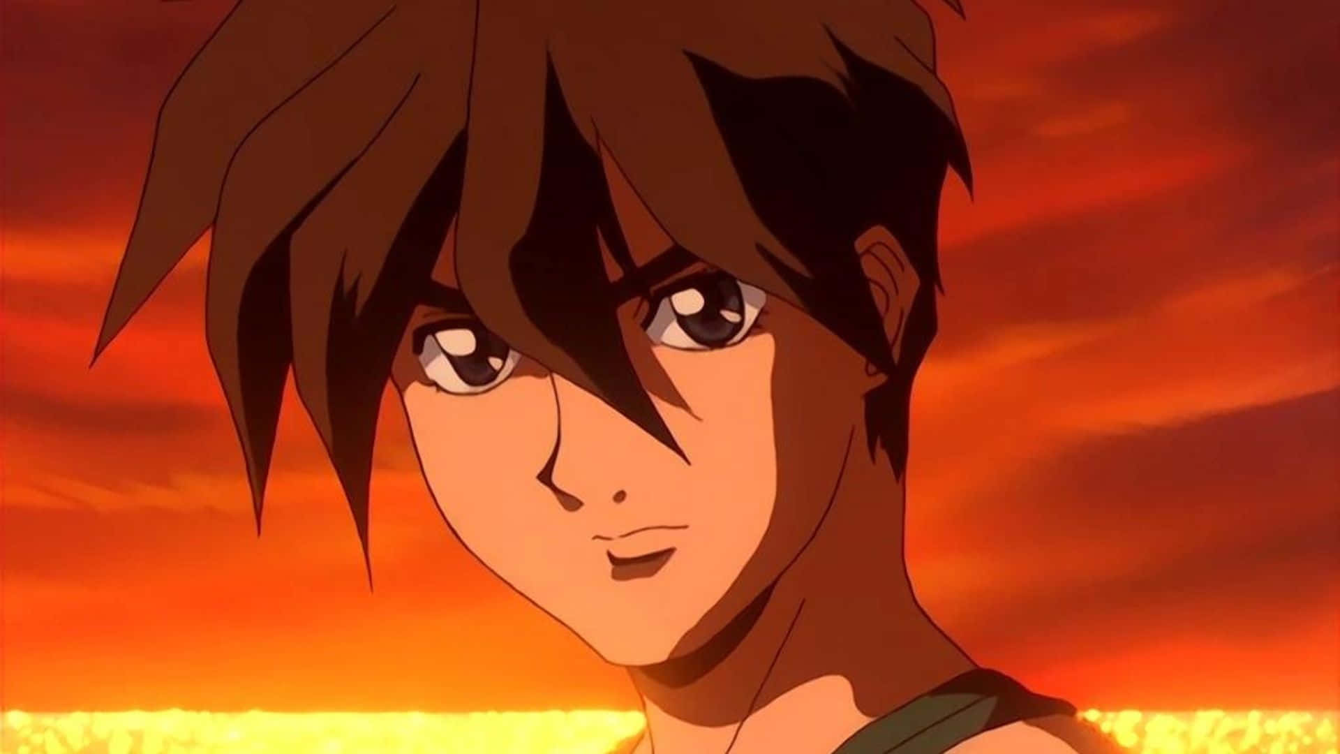Heero Yuy 桌布 壁紙 — 一個棕色頭髮的年輕動漫男孩，在熾熱的橙色日落天空下向前凝視。