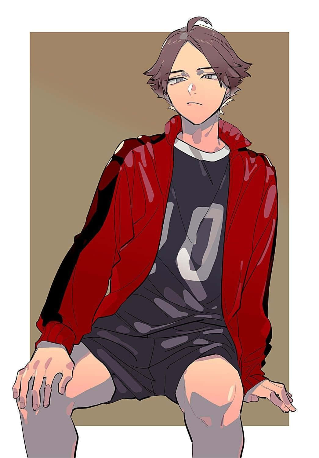 排球少年 桌布 壁紙 — 一個棕色頭髮的年輕動漫男孩，身穿紅色外套，內搭黑色球衣，號碼10。