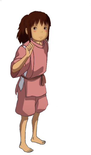 神隱少女 桌布 壁紙 — 一個棕色頭髮的年輕女孩穿著粉紅色服裝，赤腳站在帶有微妙閃爍的黑色背景前。