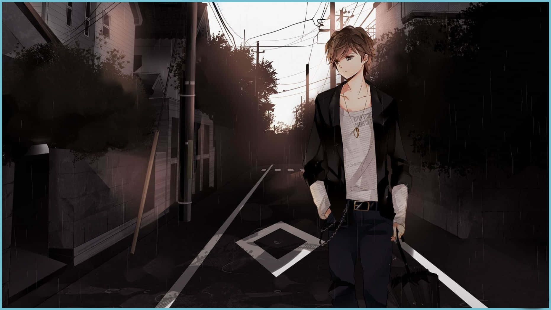 anime sad 桌布 壁紙 — 一個棕色頭髮的年輕男子在黃昏時分走在雨中的城市小巷，撐著雨傘，街燈散發出溫暖的光芒。
