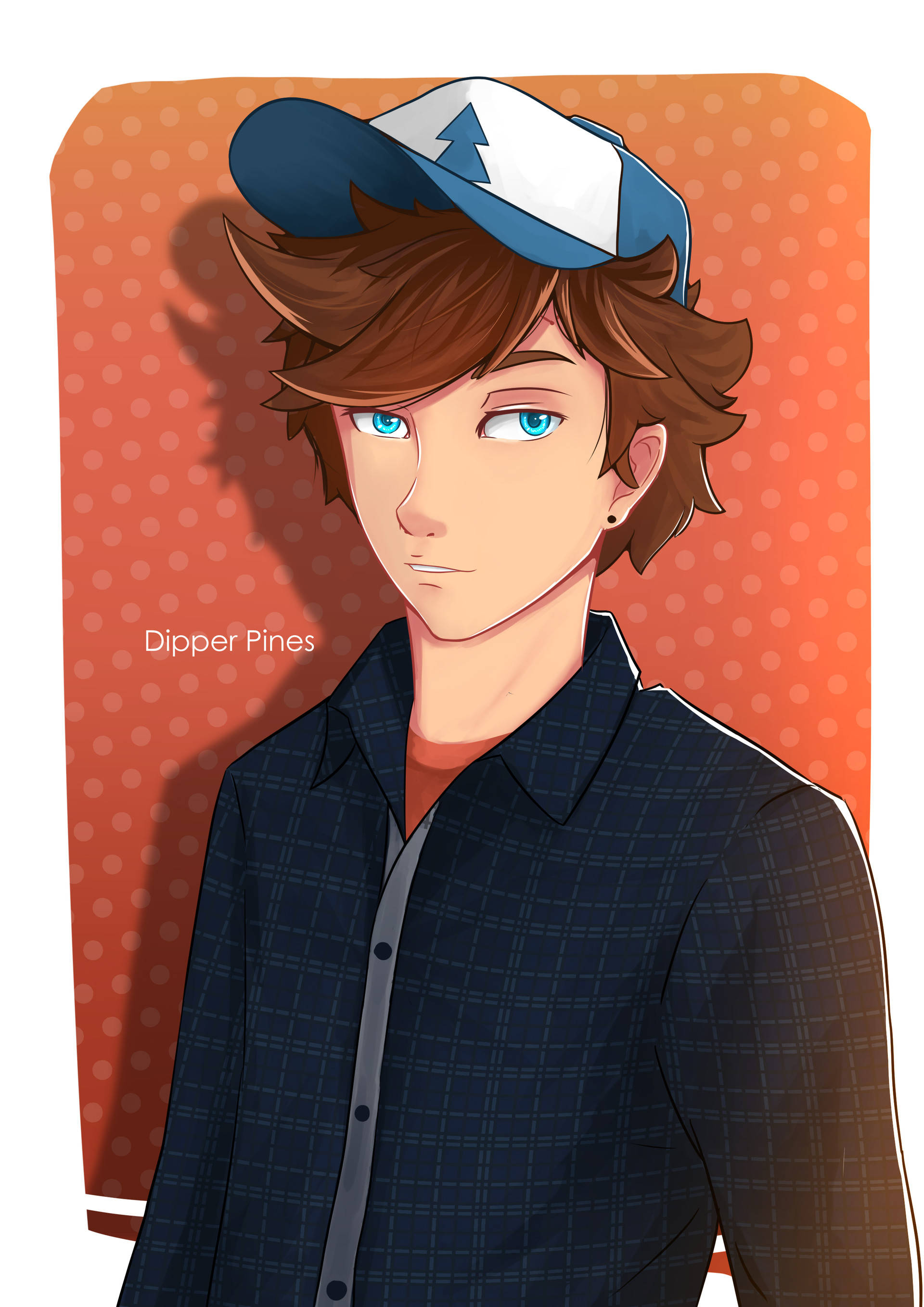 dipper pines 桌布 壁紙 — 一個棕色頭髮藍眼睛的年輕男子戴著藍白帽子穿著格子襯衫，背景是溫暖的橙色圓點圖案。