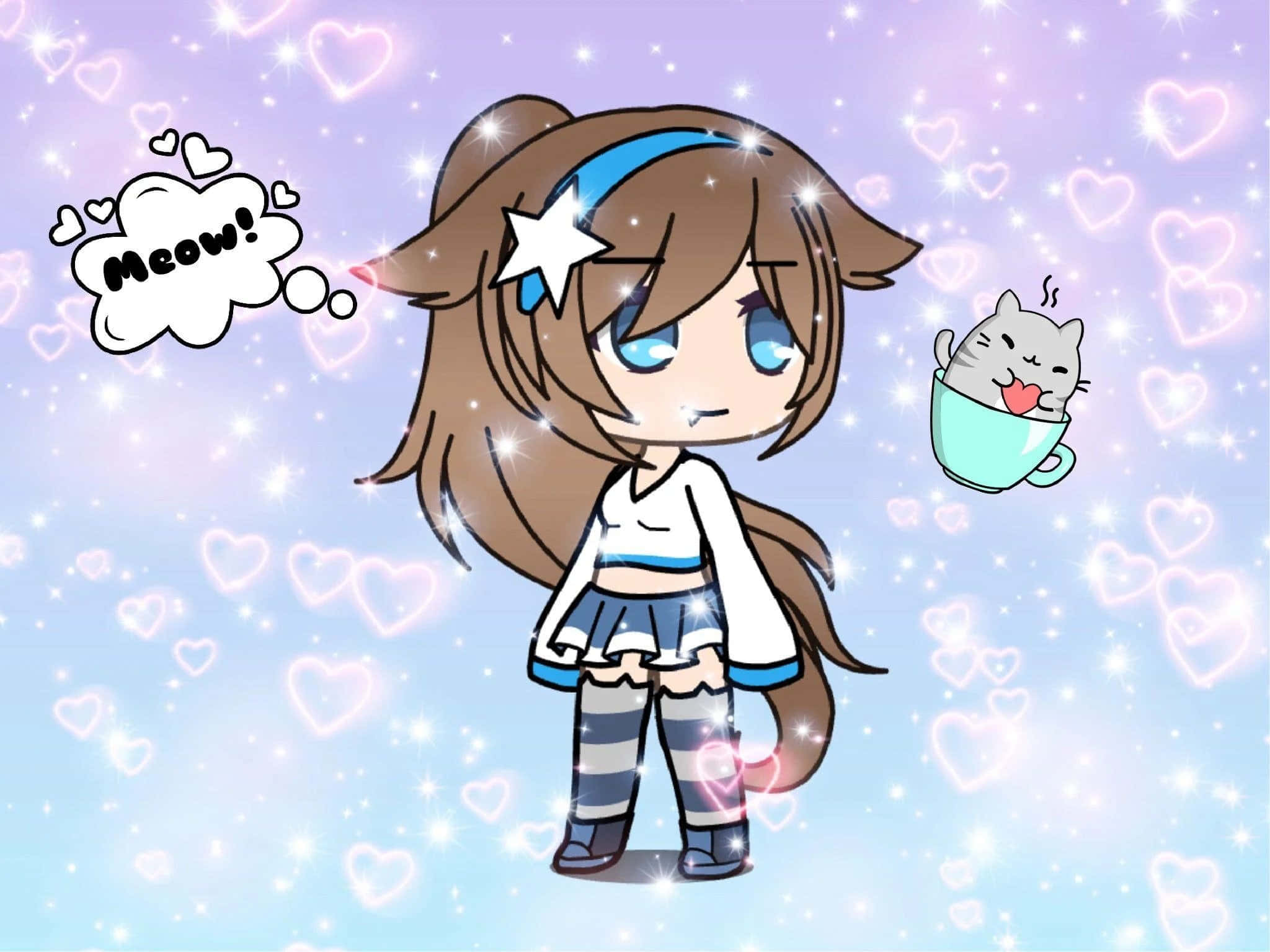 Gacha Life 桌布 壁紙 — 一個棕色頭髮藍色眼睛的Q版動漫女孩站在茶杯中的貓旁邊，周圍環繞著發光的愛心和閃光。