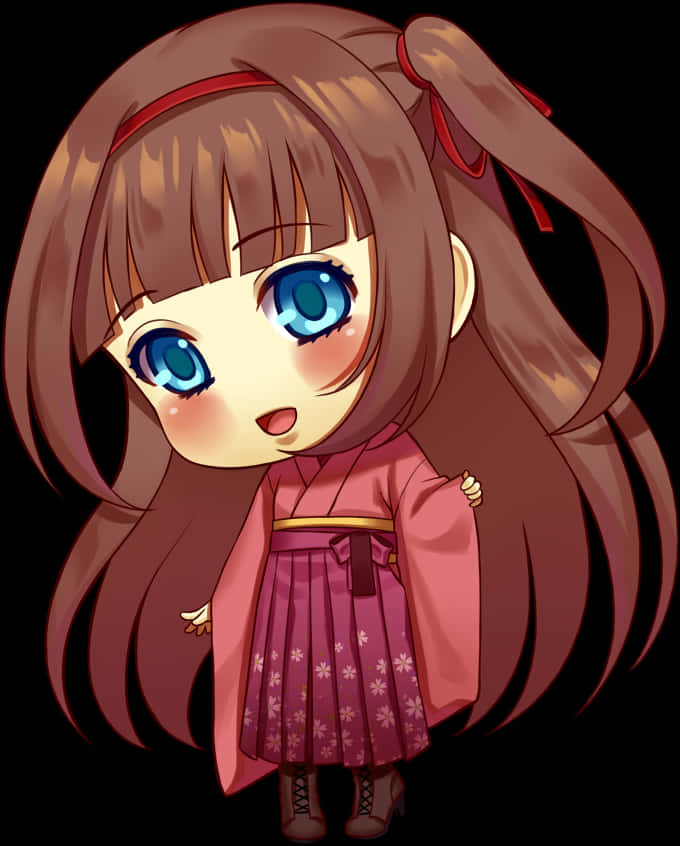 Anime Chibi 桌布 壁紙 — 一個棕色頭髮藍色眼睛的Q版動漫女孩，穿著帶有花卉圖案的粉紅色和服，背景為黑色。
