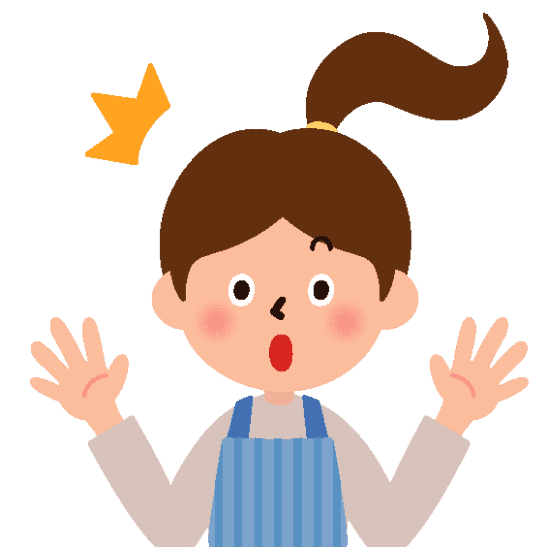 驚訝 桌布 壁紙 — 一個棕色馬尾辮、穿著藍色圍裙的卡通女孩，雙手舉起，頭頂有一顆黃色星星，看起來很驚訝。