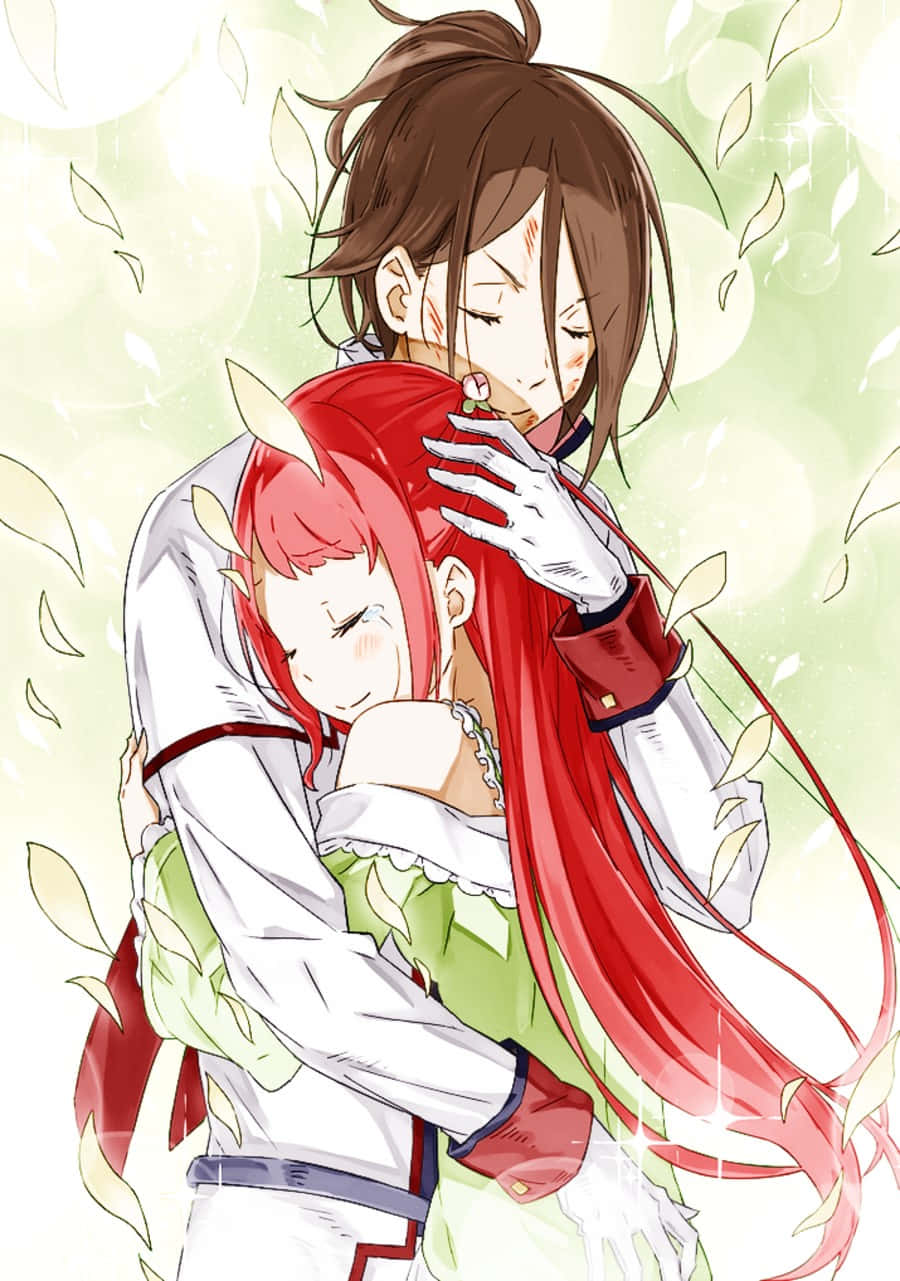 Wilhelm Van Astrea 桌布 壁紙 — 一個棕髮男孩和一個紅髮女孩在落葉和柔和發光燈光中溫馨的動畫擁抱。