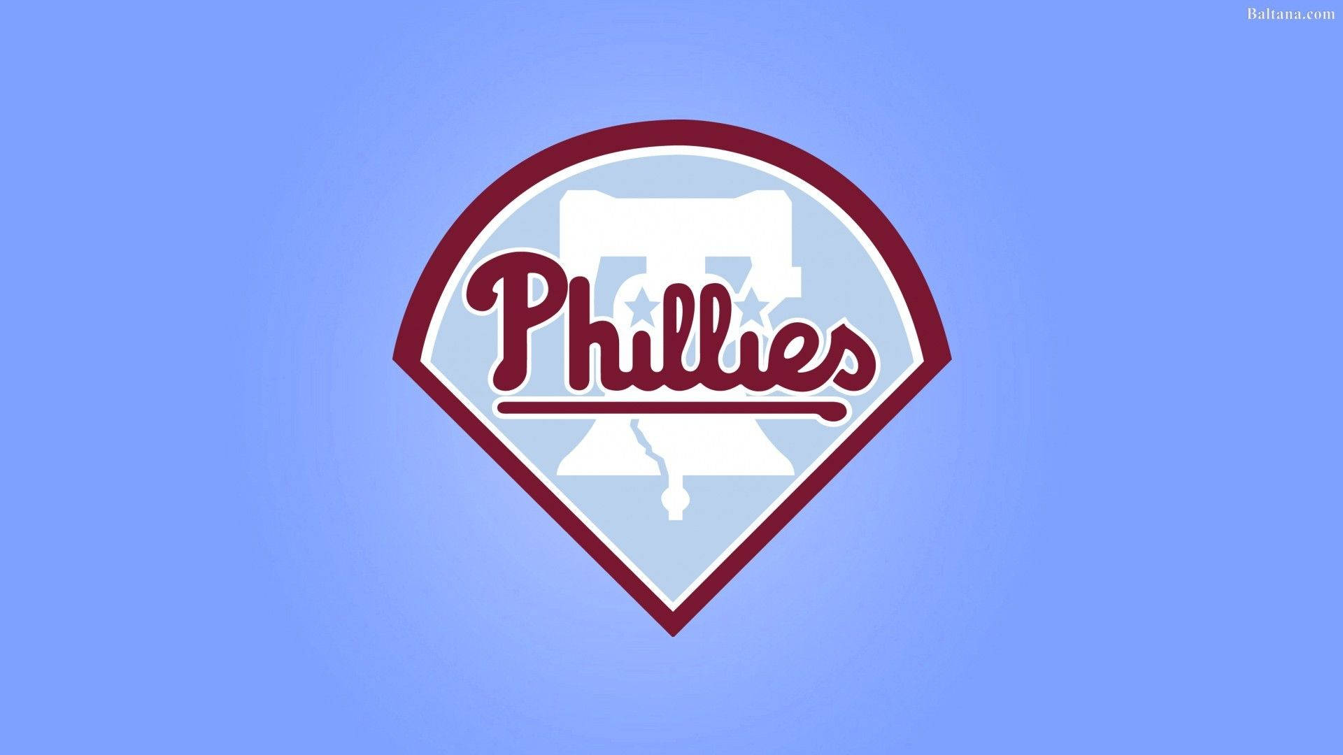 Phillies 桌布 壁紙 — 一個棗紅色和白色的費城費城人棒球隊標誌，居中在柔和的藍色漸變背景上。